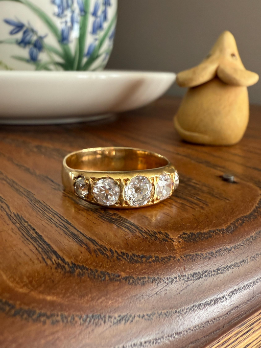 XL 2.5 Carats FIVE Stone Old Mine Cut DIAMOND Gypsy Ring Wide Band 18k Gold Solid Chunky Antique Edwardian Victorian Stacker OmC Man Unisex