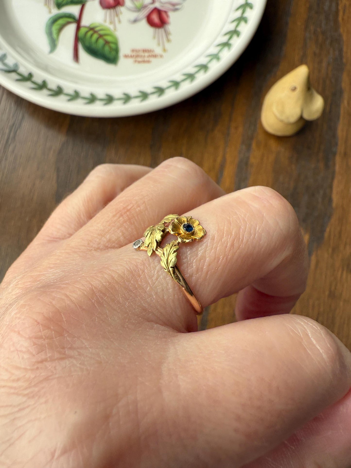French Antique Belle Epoque Figural Wild ROSE Leaf Tricolor 18k Gold Ring Sapphire Rose Cut Diamond Floral Art Nouveau Gift Flower Stacker