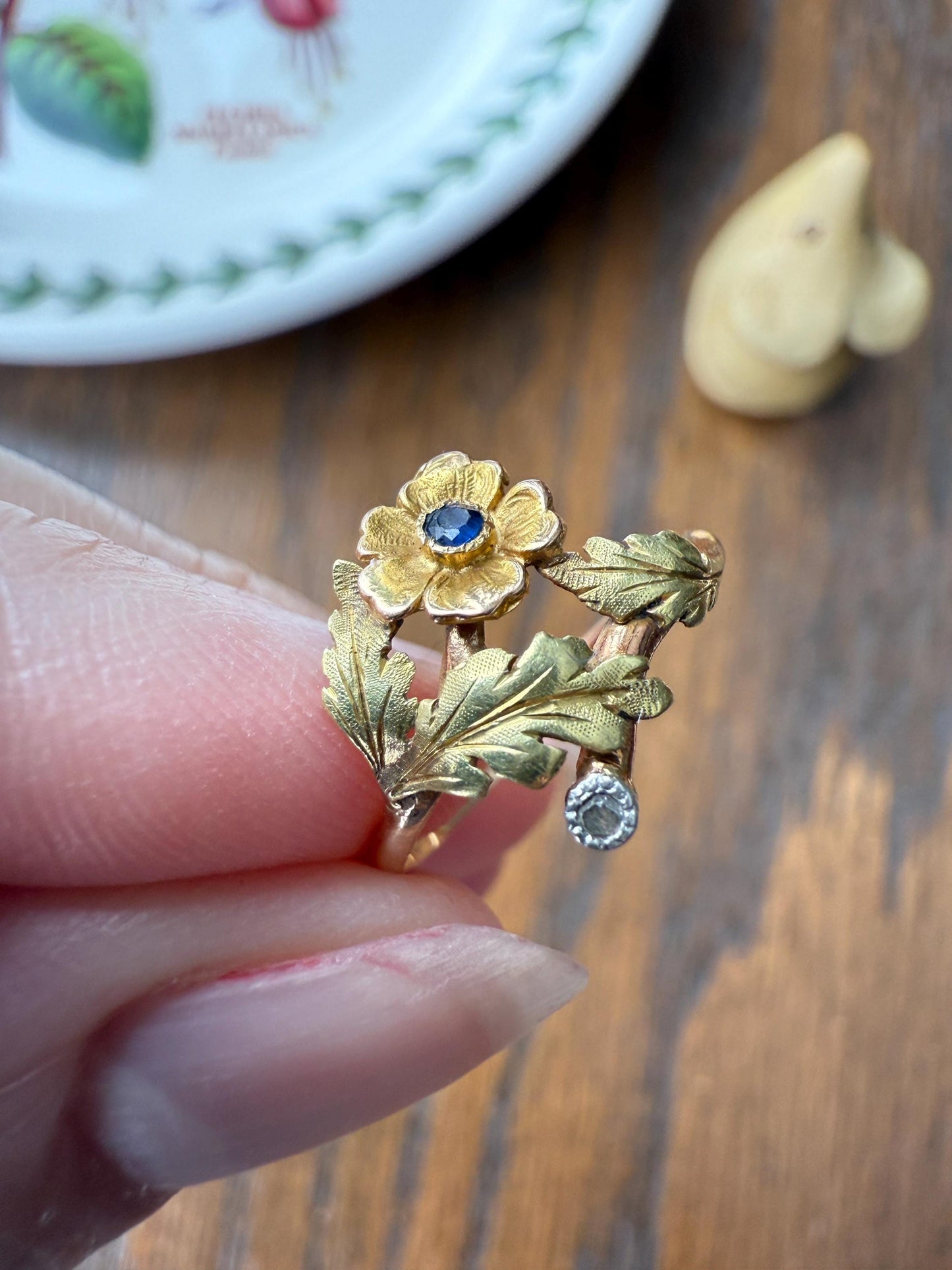 French Antique Belle Epoque Figural Wild ROSE Leaf Tricolor 18k Gold Ring Sapphire Rose Cut Diamond Floral Art Nouveau Gift Flower Stacker