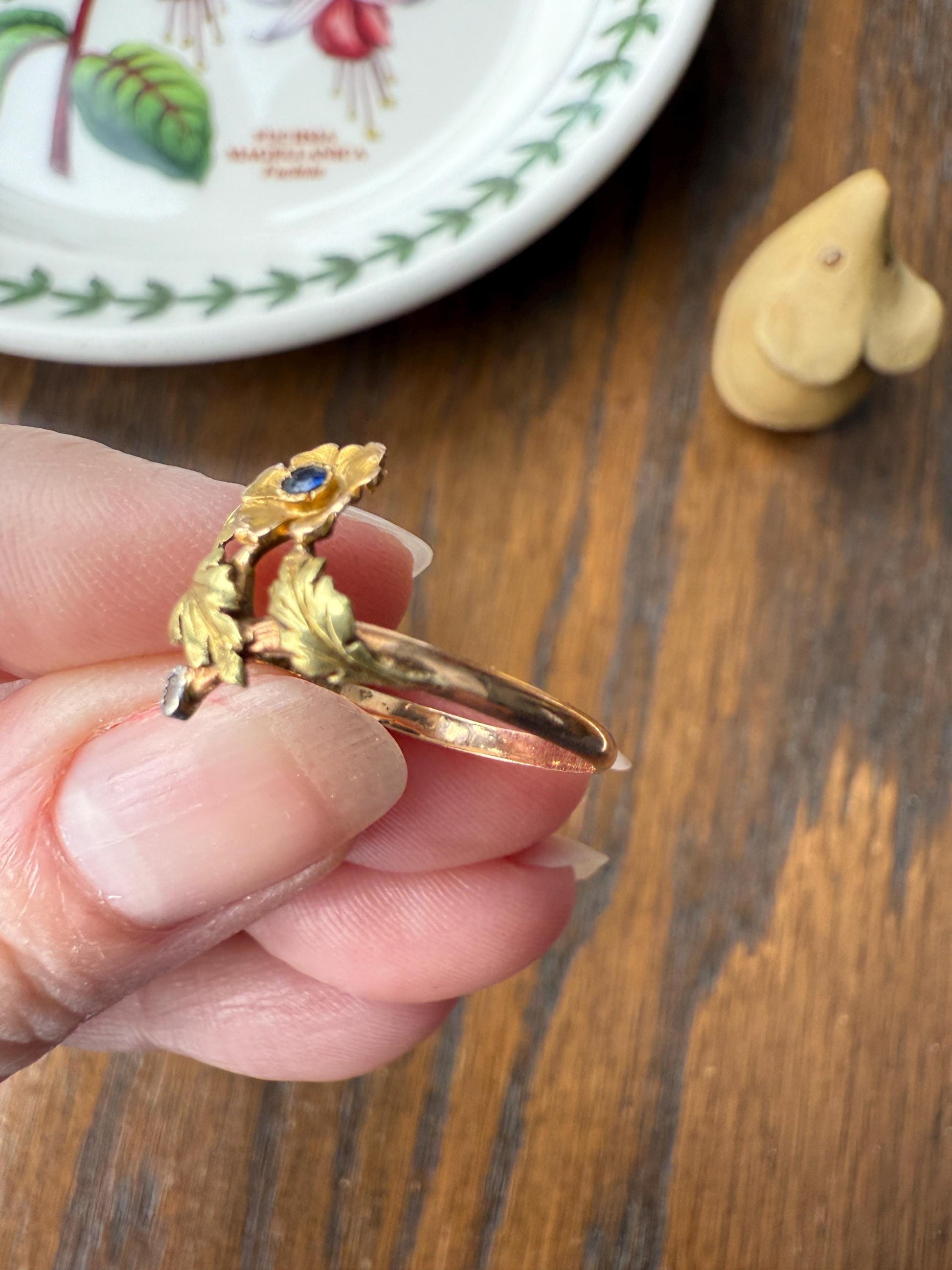 French Antique Belle Epoque Figural Wild ROSE Leaf Tricolor 18k Gold Ring Sapphire Rose Cut Diamond Floral Art Nouveau Gift Flower Stacker