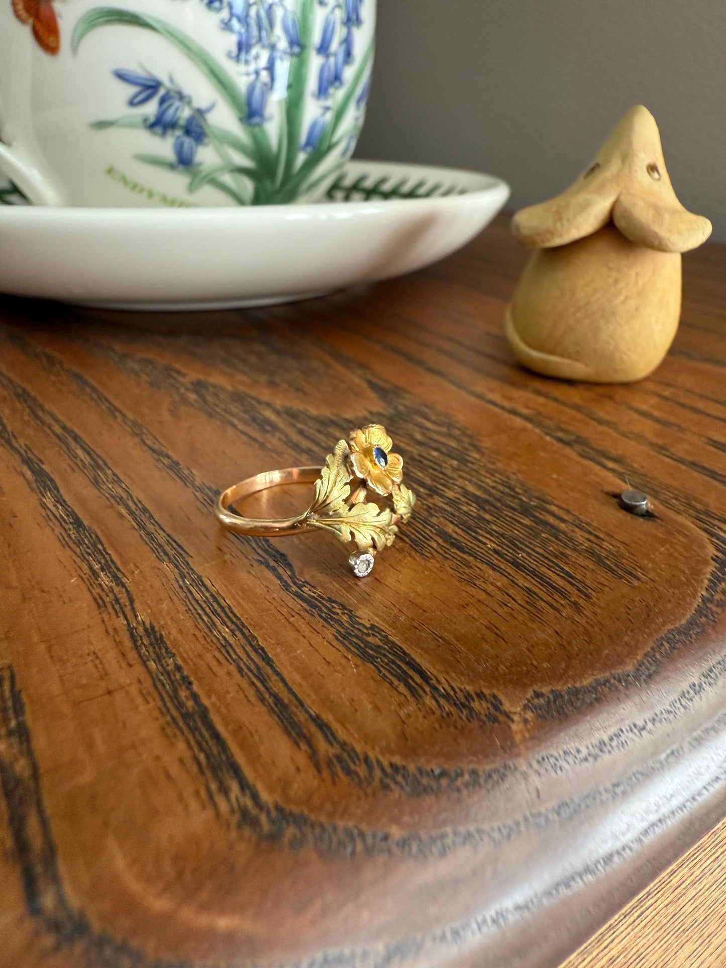 French Antique Belle Epoque Figural Wild ROSE Leaf Tricolor 18k Gold Ring Sapphire Rose Cut Diamond Floral Art Nouveau Gift Flower Stacker