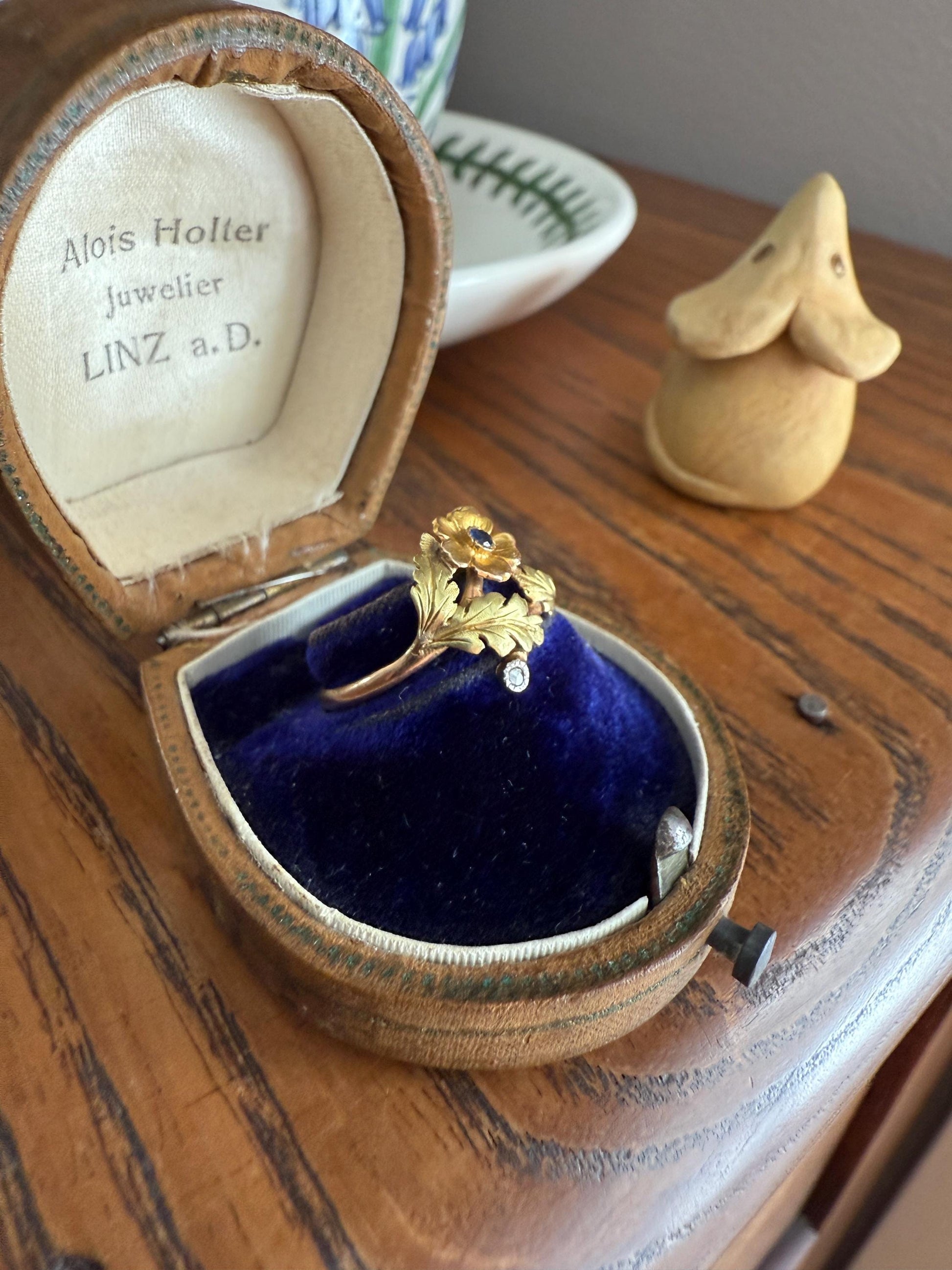 French Antique Belle Epoque Figural Wild ROSE Leaf Tricolor 18k Gold Ring Sapphire Rose Cut Diamond Floral Art Nouveau Gift Flower Stacker