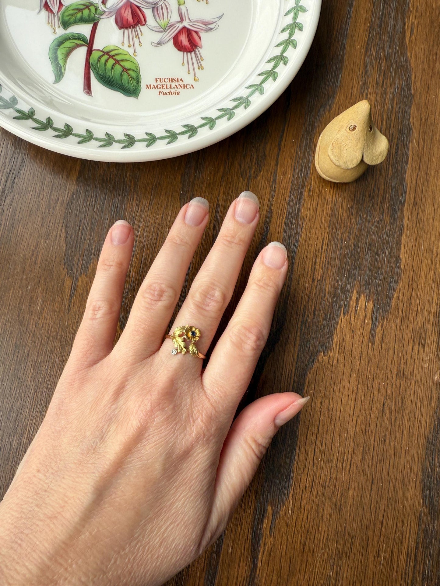 French Antique Belle Epoque Figural Wild ROSE Leaf Tricolor 18k Gold Ring Sapphire Rose Cut Diamond Floral Art Nouveau Gift Flower Stacker