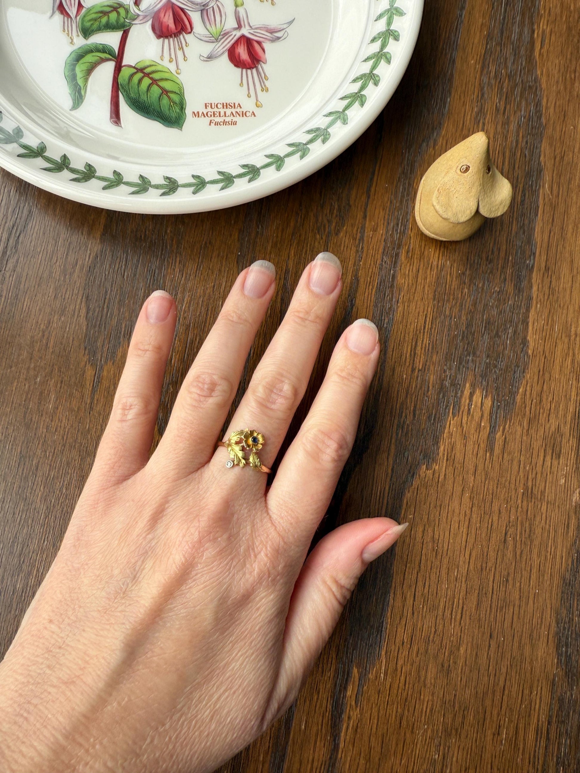 French Antique Belle Epoque Figural Wild ROSE Leaf Tricolor 18k Gold Ring Sapphire Rose Cut Diamond Floral Art Nouveau Gift Flower Stacker