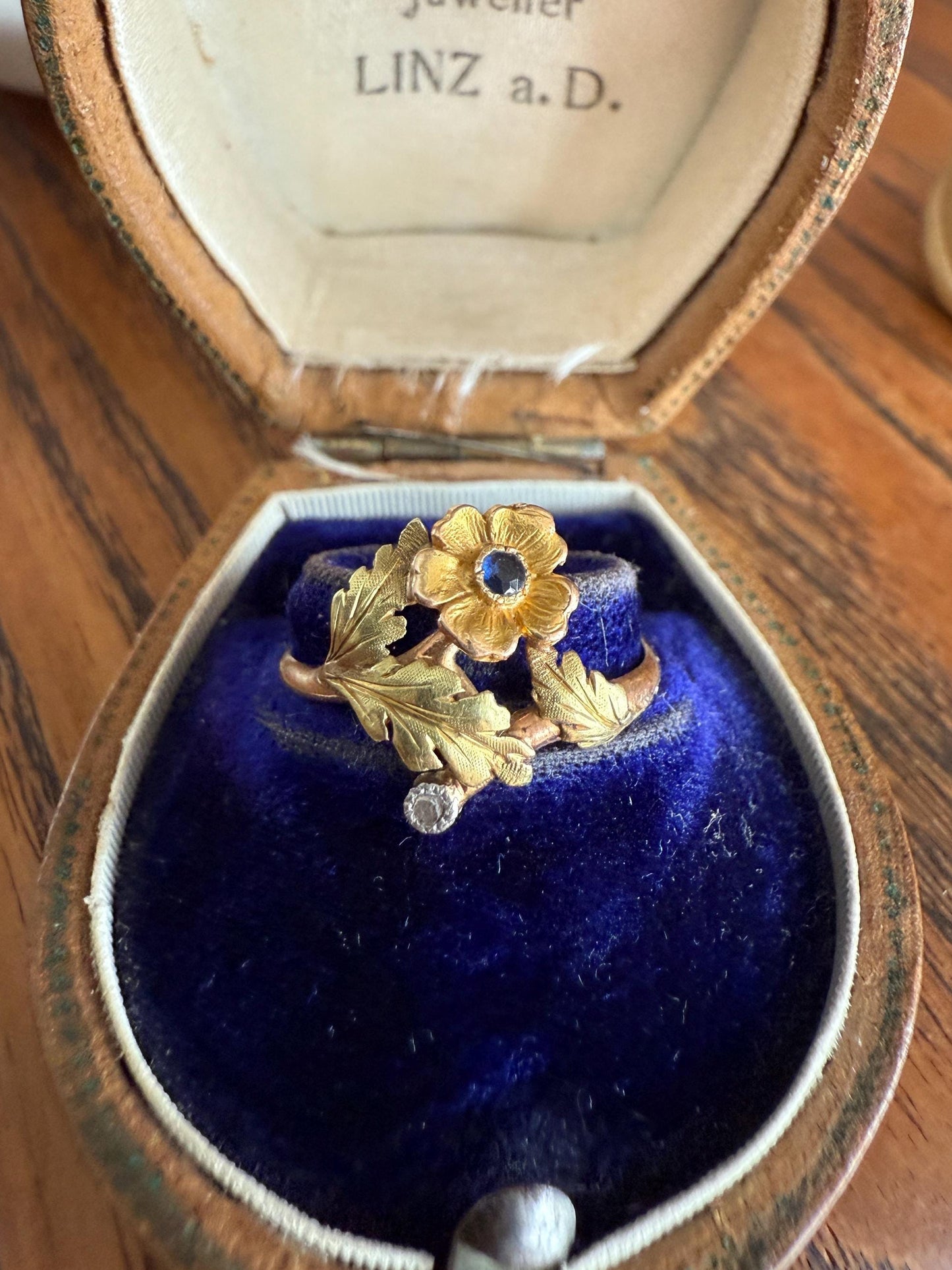 French Antique Belle Epoque Figural Wild ROSE Leaf Tricolor 18k Gold Ring Sapphire Rose Cut Diamond Floral Art Nouveau Gift Flower Stacker