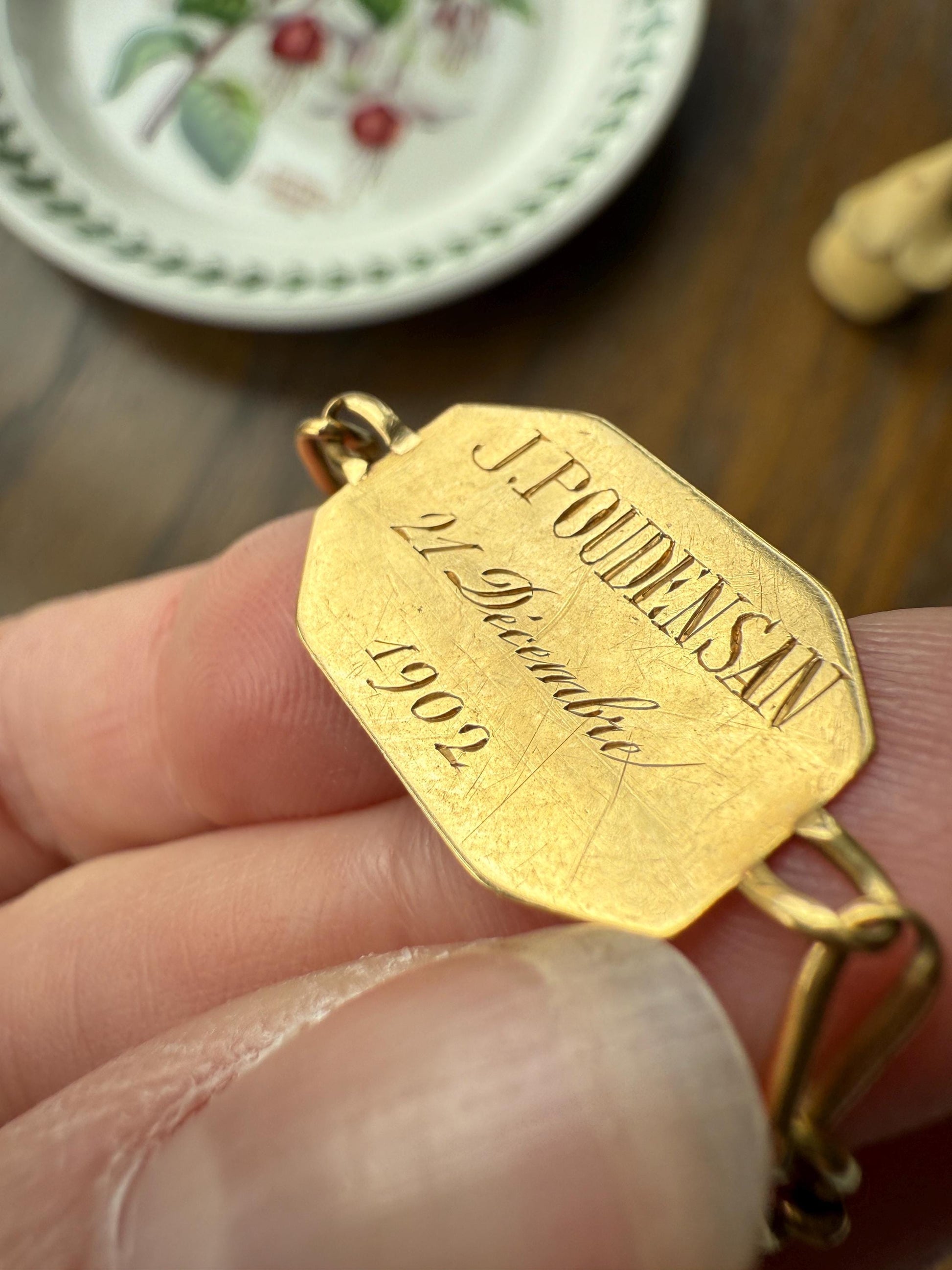 DATED 1902 December 21 Octagon Panel Engraved Initial Curb Chain Bracelet French Antique 18k Gold Solid Monogram E J D H P Letters