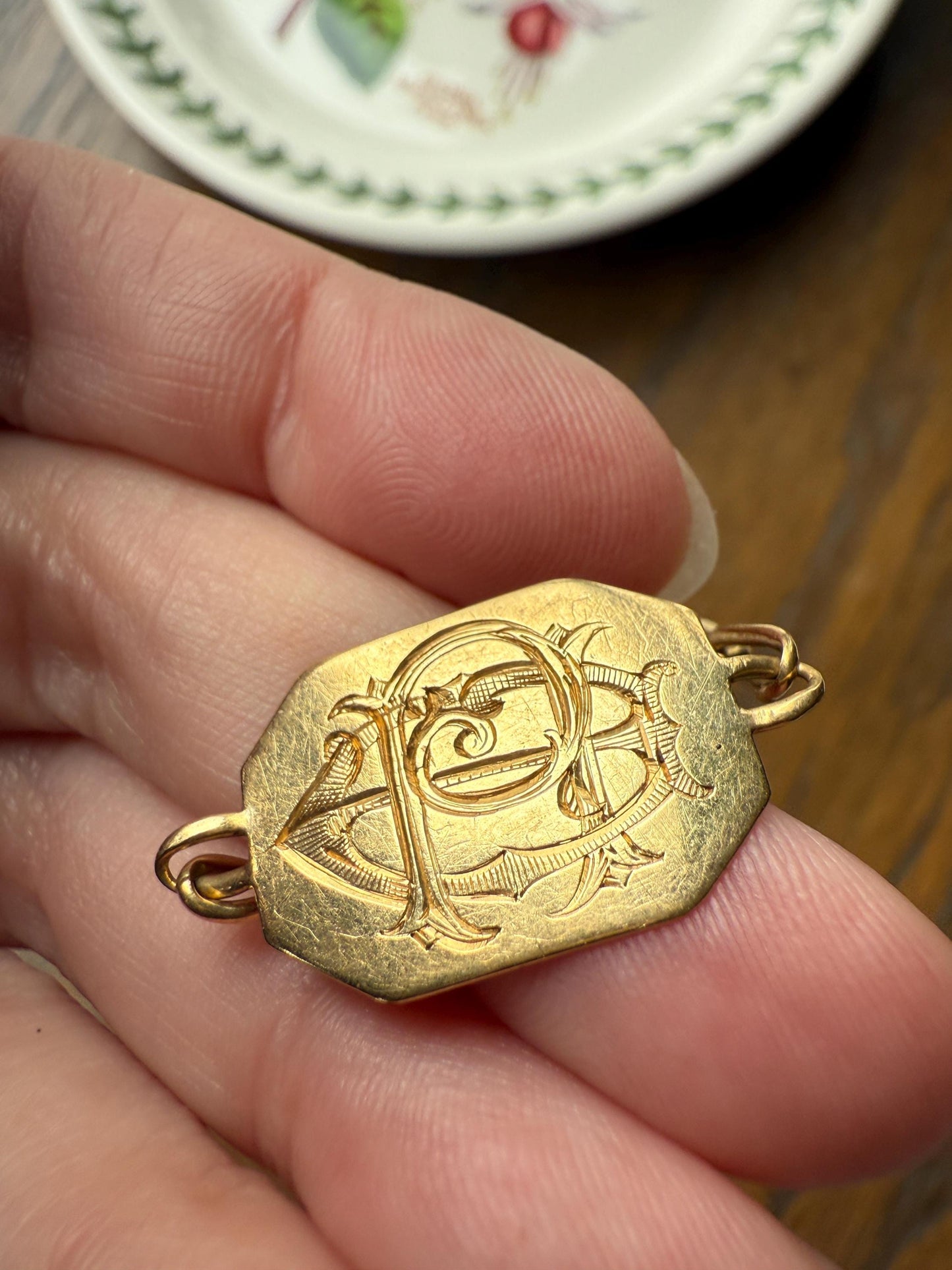 DATED 1902 December 21 Octagon Panel Engraved Initial Curb Chain Bracelet French Antique 18k Gold Solid Monogram E J D H P Letters