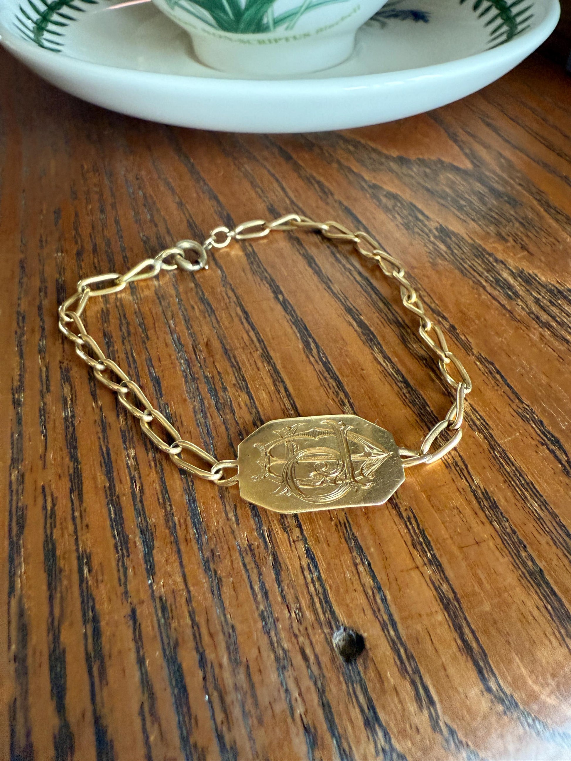 DATED 1902 December 21 Octagon Panel Engraved Initial Curb Chain Bracelet French Antique 18k Gold Solid Monogram E J D H P Letters