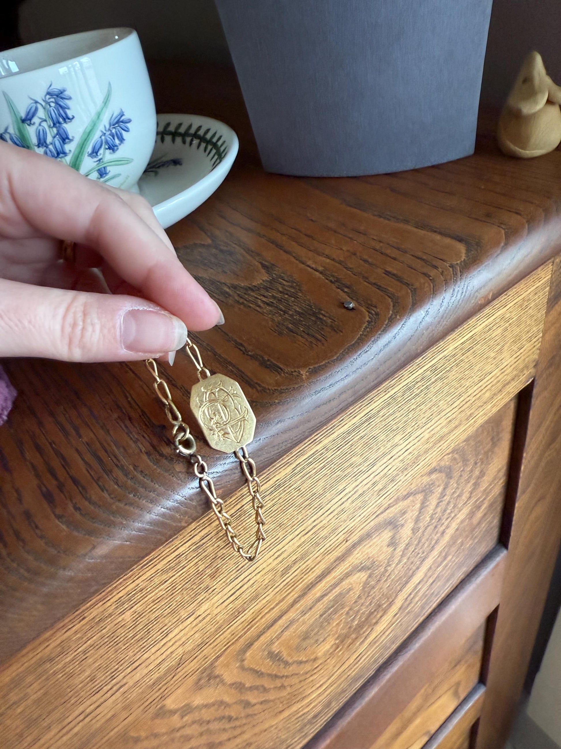 DATED 1902 December 21 Octagon Panel Engraved Initial Curb Chain Bracelet French Antique 18k Gold Solid Monogram E J D H P Letters