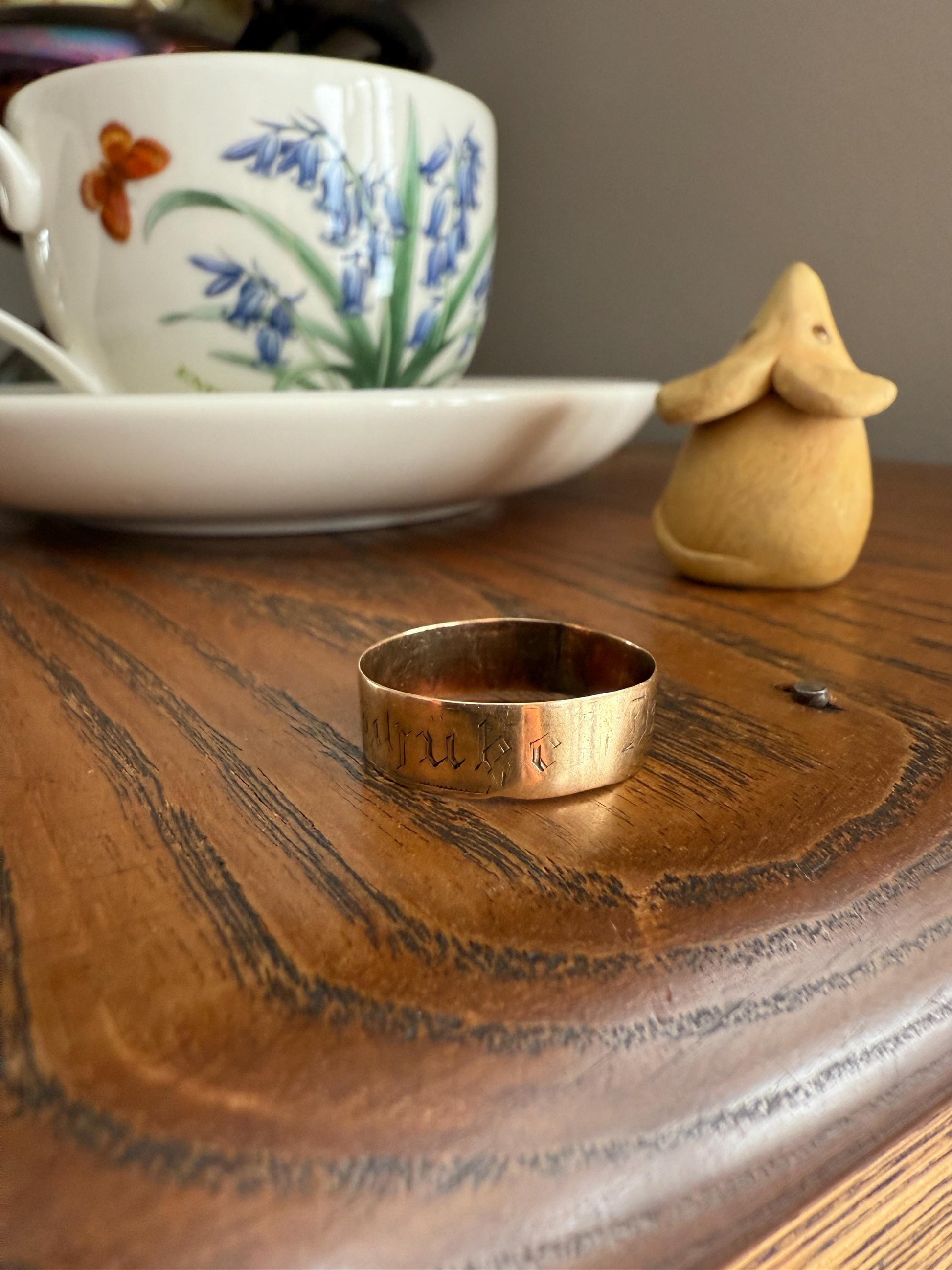 Warm Antique Cigar Band "Gott Schutze Dich" God Bless You 14k Gold Solid Victorian Eternity Ring Wedding Scarce Jewelry with Words Unisex