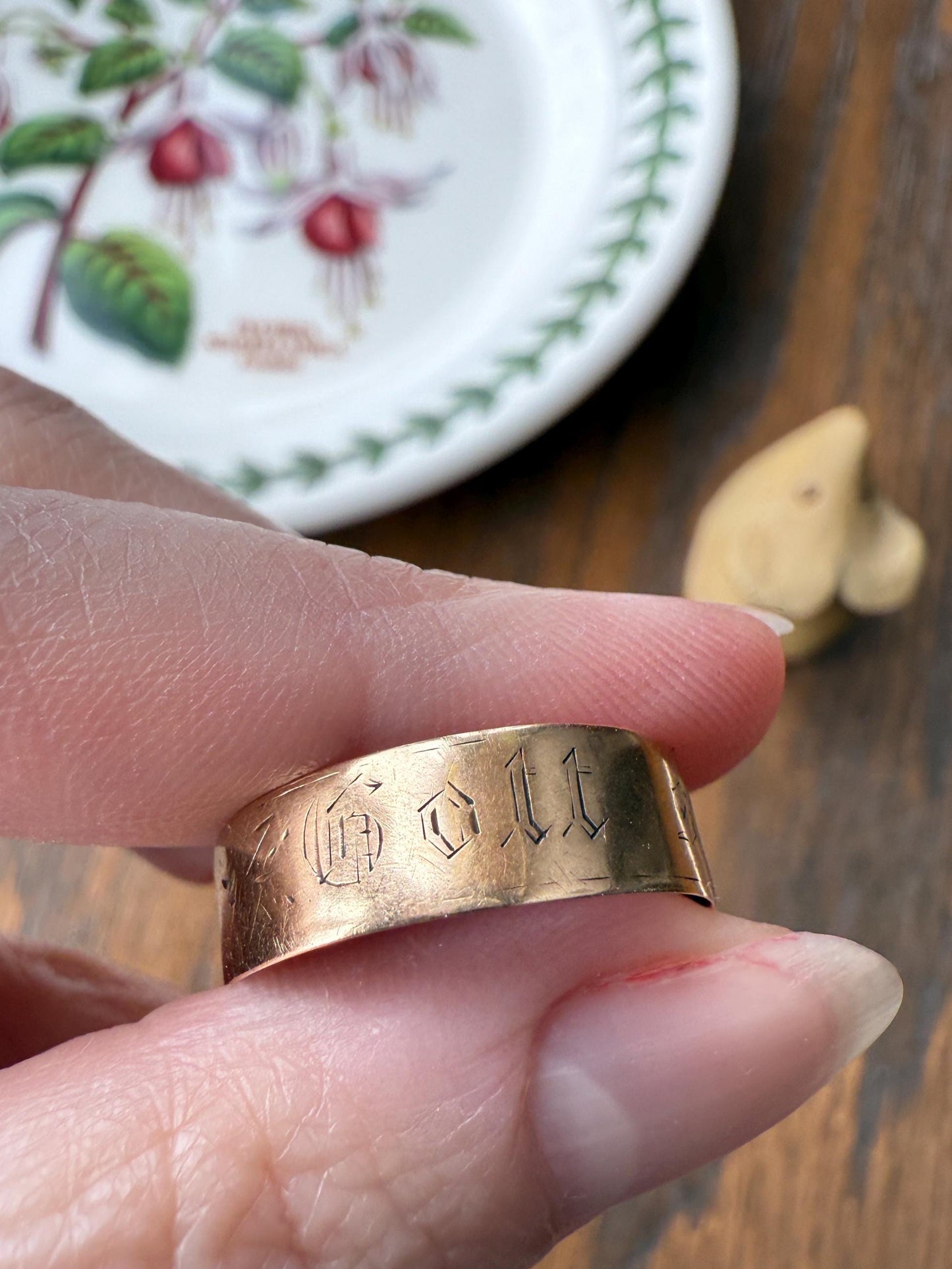 Warm Antique Cigar Band "Gott Schutze Dich" God Bless You 14k Gold Solid Victorian Eternity Ring Wedding Scarce Jewelry with Words Unisex