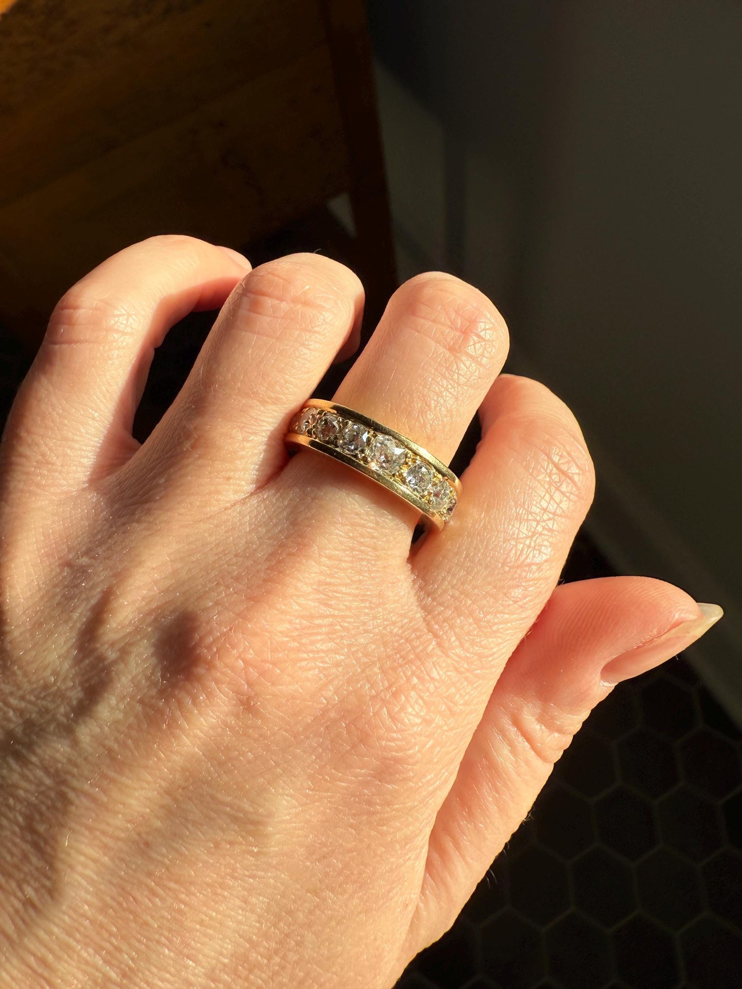 French Vintage 2 Carats Nine Stone Band Chunky Half Hoop Ring Antique Old Mine Cut DIAMOND 8.9g 18k Gold Solid Stacker Heavy Cigar 2Ctw OMC