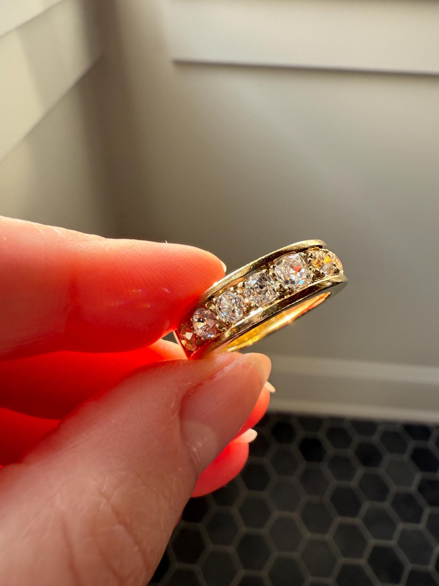 French Vintage 2 Carats Nine Stone Band Chunky Half Hoop Ring Antique Old Mine Cut DIAMOND 8.9g 18k Gold Solid Stacker Heavy Cigar 2Ctw OMC