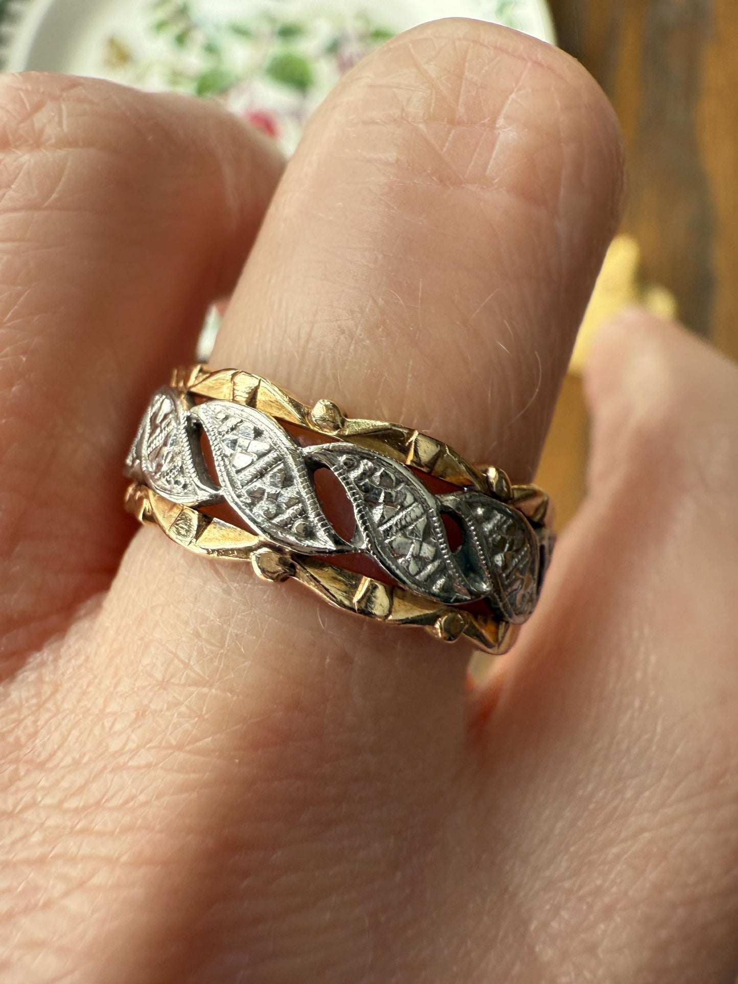 Swirling Art Deco ANTIQUE Two Tone 14k Gold Ring Eternity Wide Band Wedding Chunky Stacker Illusion Chiseled Rivet Cigar