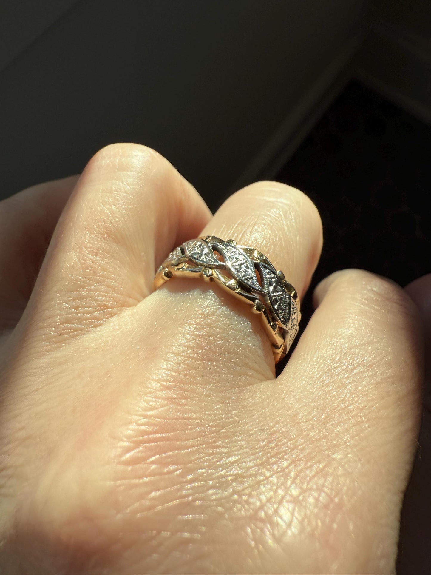 Swirling Art Deco ANTIQUE Two Tone 14k Gold Ring Eternity Wide Band Wedding Chunky Stacker Illusion Chiseled Rivet Cigar