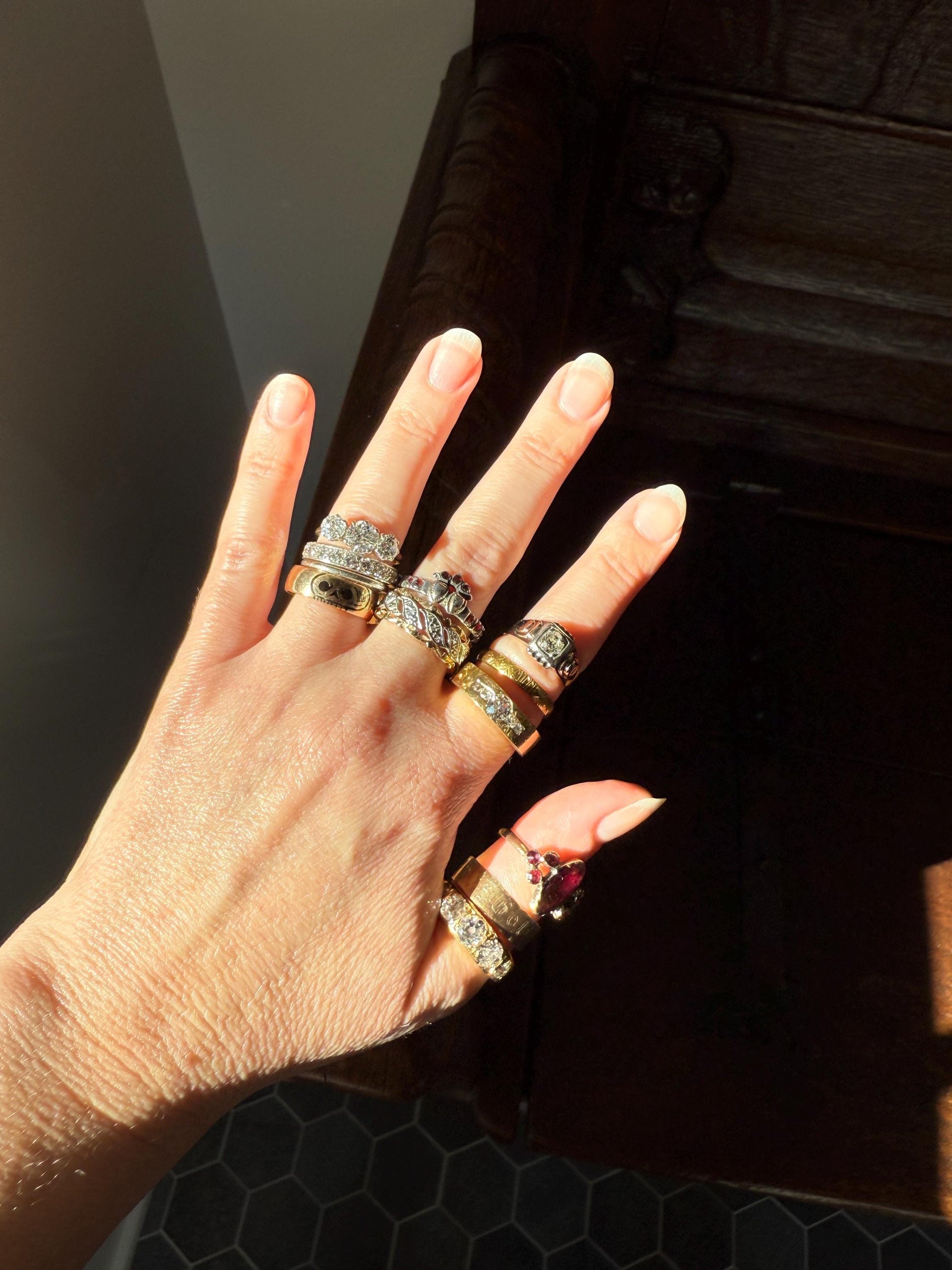 Swirling Art Deco ANTIQUE Two Tone 14k Gold Ring Eternity Wide Band Wedding Chunky Stacker Illusion Chiseled Rivet Cigar