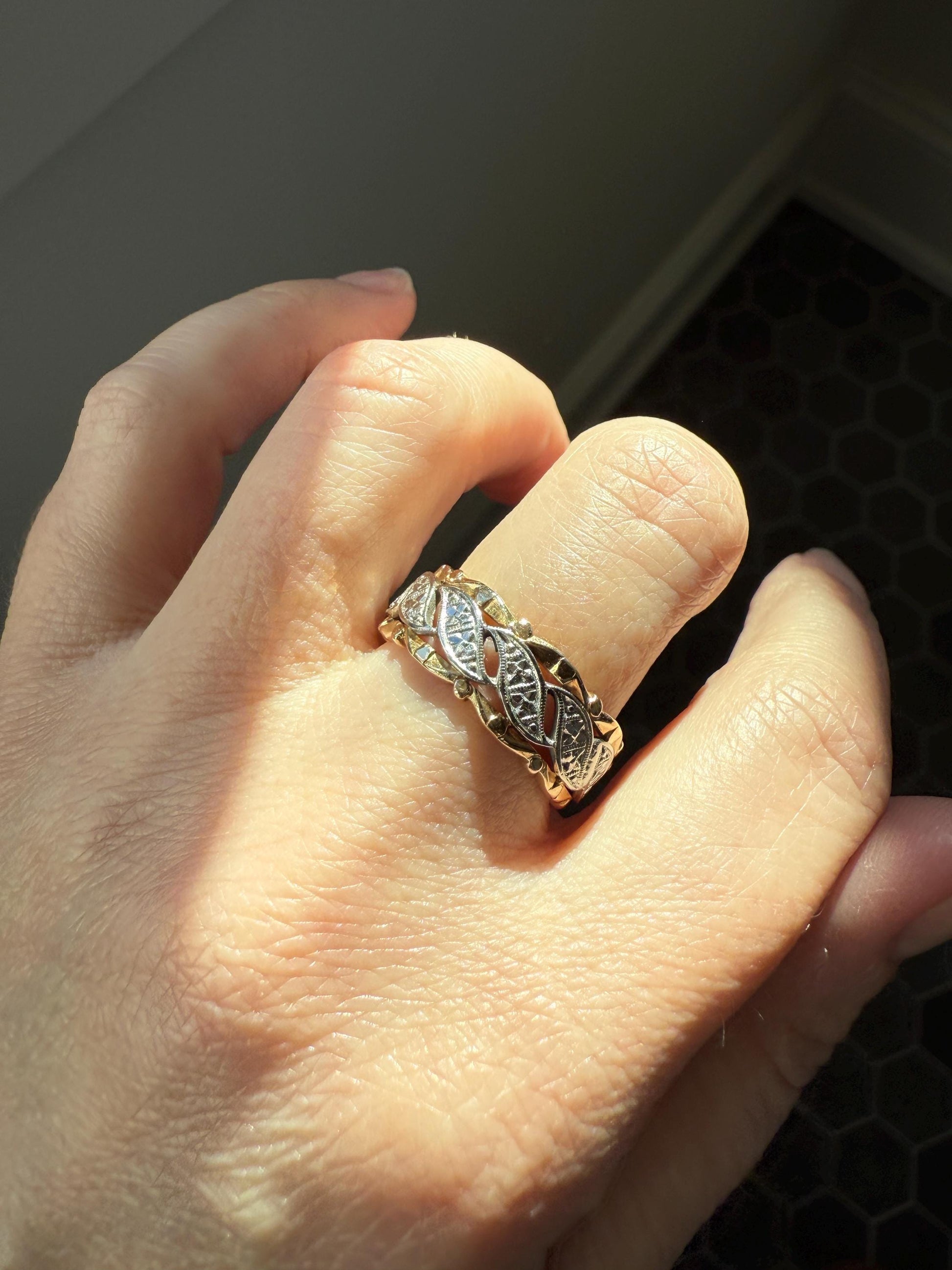 Swirling Art Deco ANTIQUE Two Tone 14k Gold Ring Eternity Wide Band Wedding Chunky Stacker Illusion Chiseled Rivet Cigar