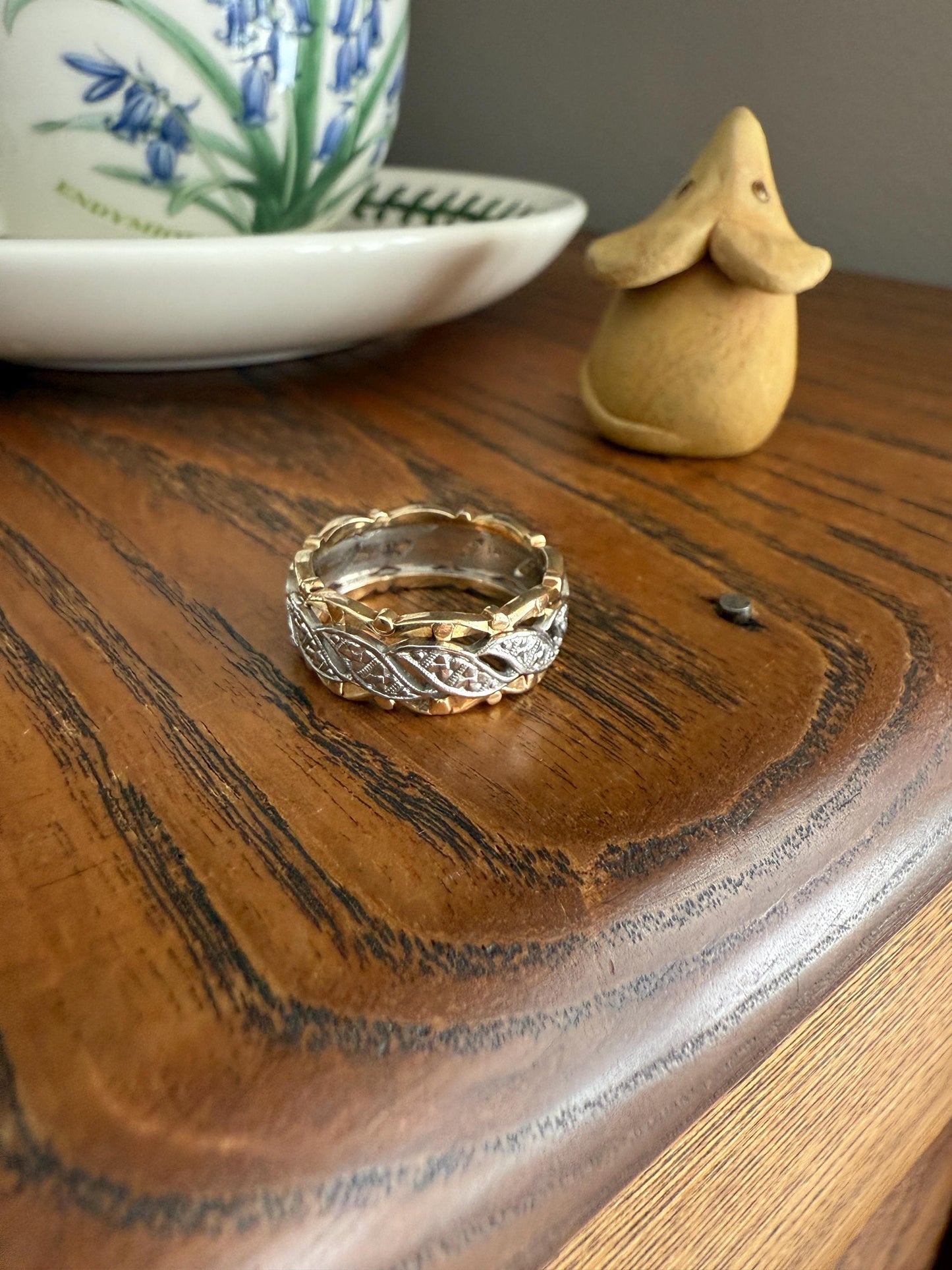 Swirling Art Deco ANTIQUE Two Tone 14k Gold Ring Eternity Wide Band Wedding Chunky Stacker Illusion Chiseled Rivet Cigar