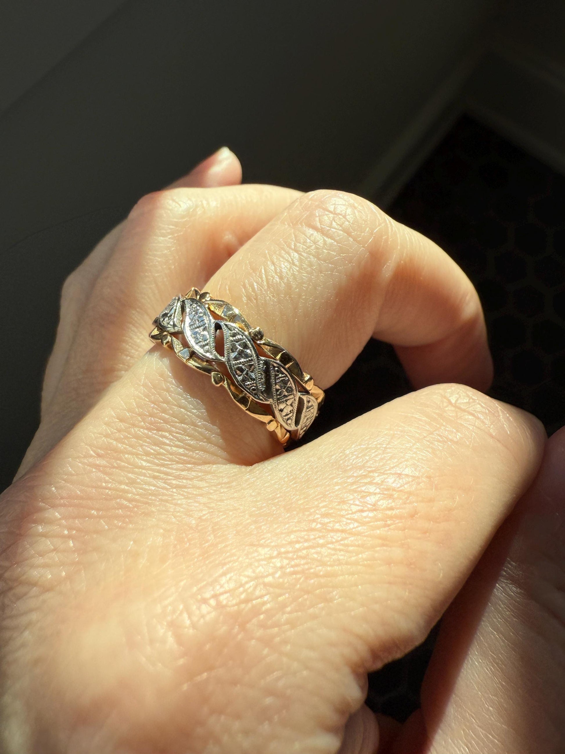 Swirling Art Deco ANTIQUE Two Tone 14k Gold Ring Eternity Wide Band Wedding Chunky Stacker Illusion Chiseled Rivet Cigar