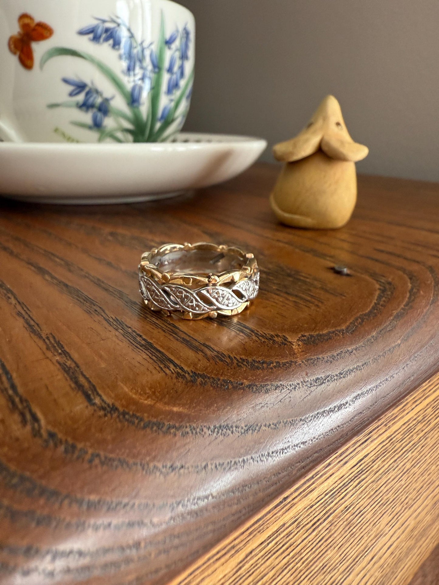 Swirling Art Deco ANTIQUE Two Tone 14k Gold Ring Eternity Wide Band Wedding Chunky Stacker Illusion Chiseled Rivet Cigar