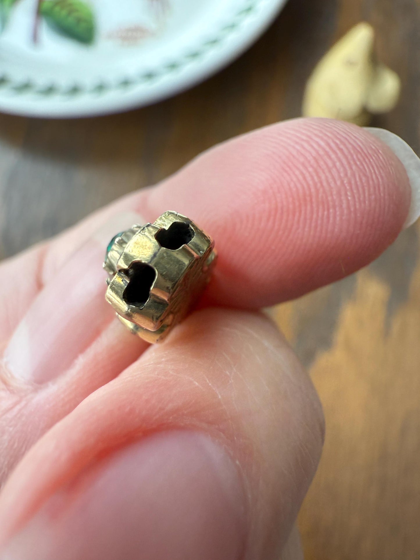 Reversible Slide PENDANT French Antique 14k Gold Engraved Green Paste Faux Emerald Collet Set Bracelet or Necklace Charm Victorian Parts