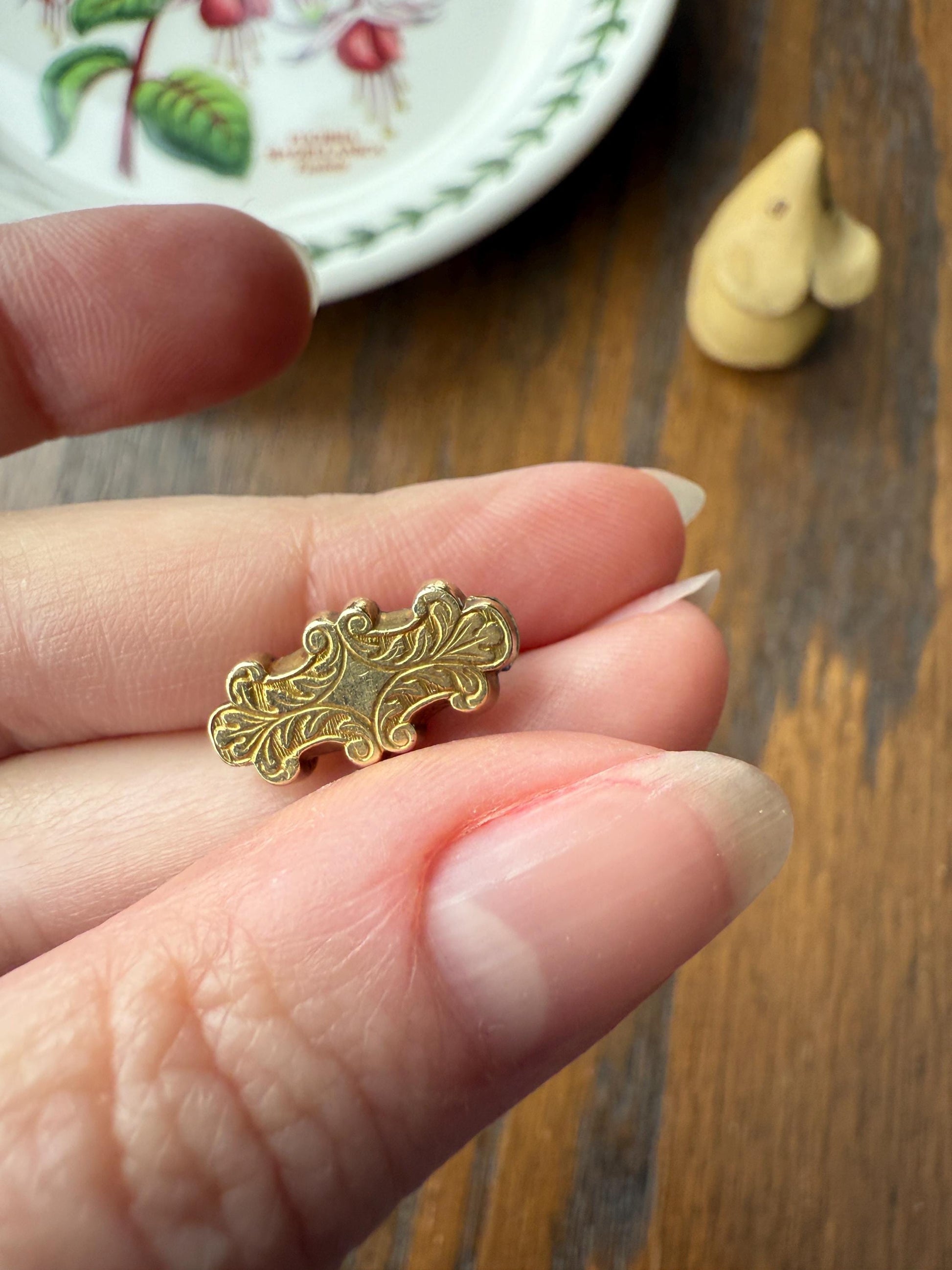 Reversible Slide PENDANT French Antique 14k Gold Engraved Green Paste Faux Emerald Collet Set Bracelet or Necklace Charm Victorian Parts