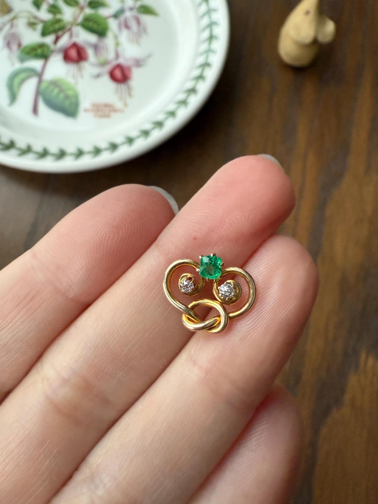 Pretzel Emerald Old Mine Cut Diamond PENDANT Antique 14k Gold Love Knot Bracelet or Necklace Charm Victorian Parts