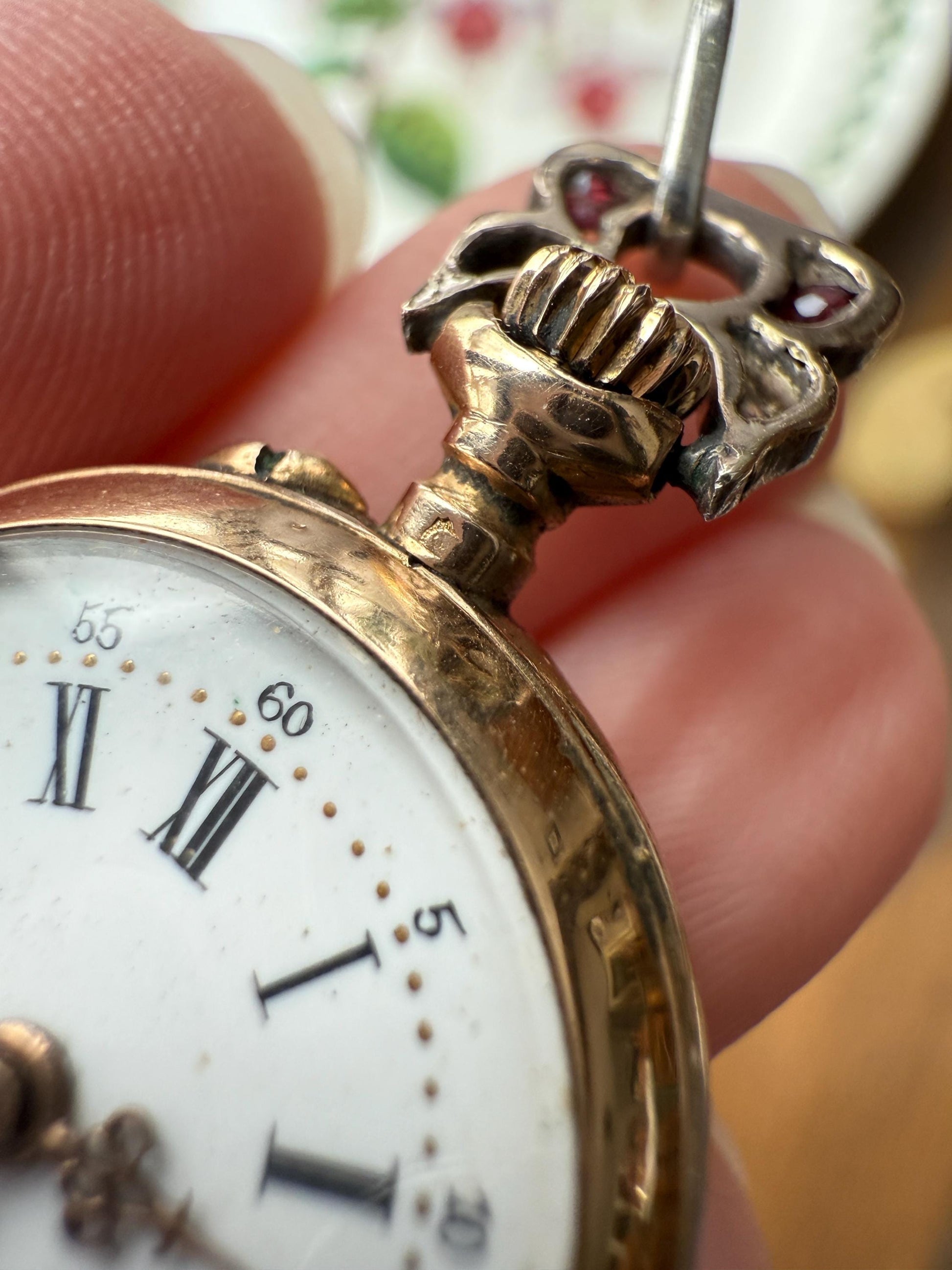 Antique Natural RUBY and Rose Cut Diamond Encrusted French VICTORIAN 18k Gold Silver Pocket Watch Case Pendant Locket Bullseye Target