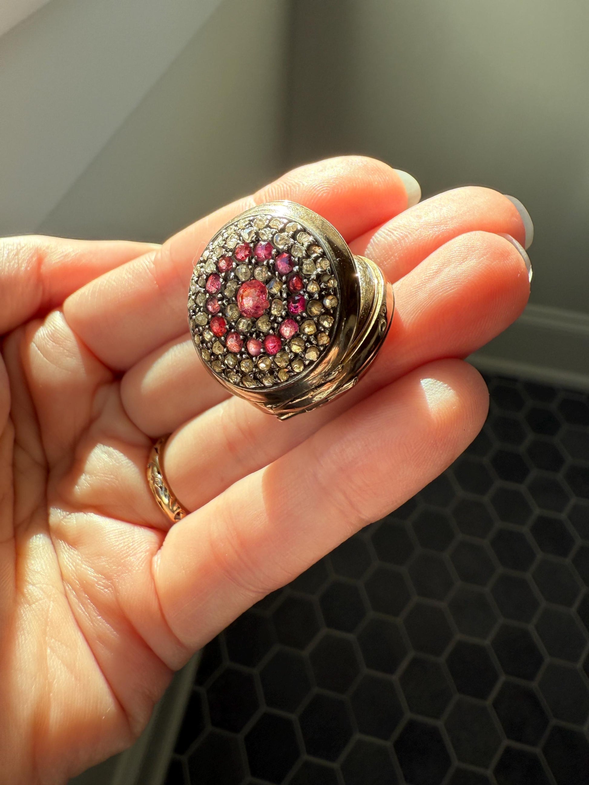 Antique Natural RUBY and Rose Cut Diamond Encrusted French VICTORIAN 18k Gold Silver Pocket Watch Case Pendant Locket Bullseye Target