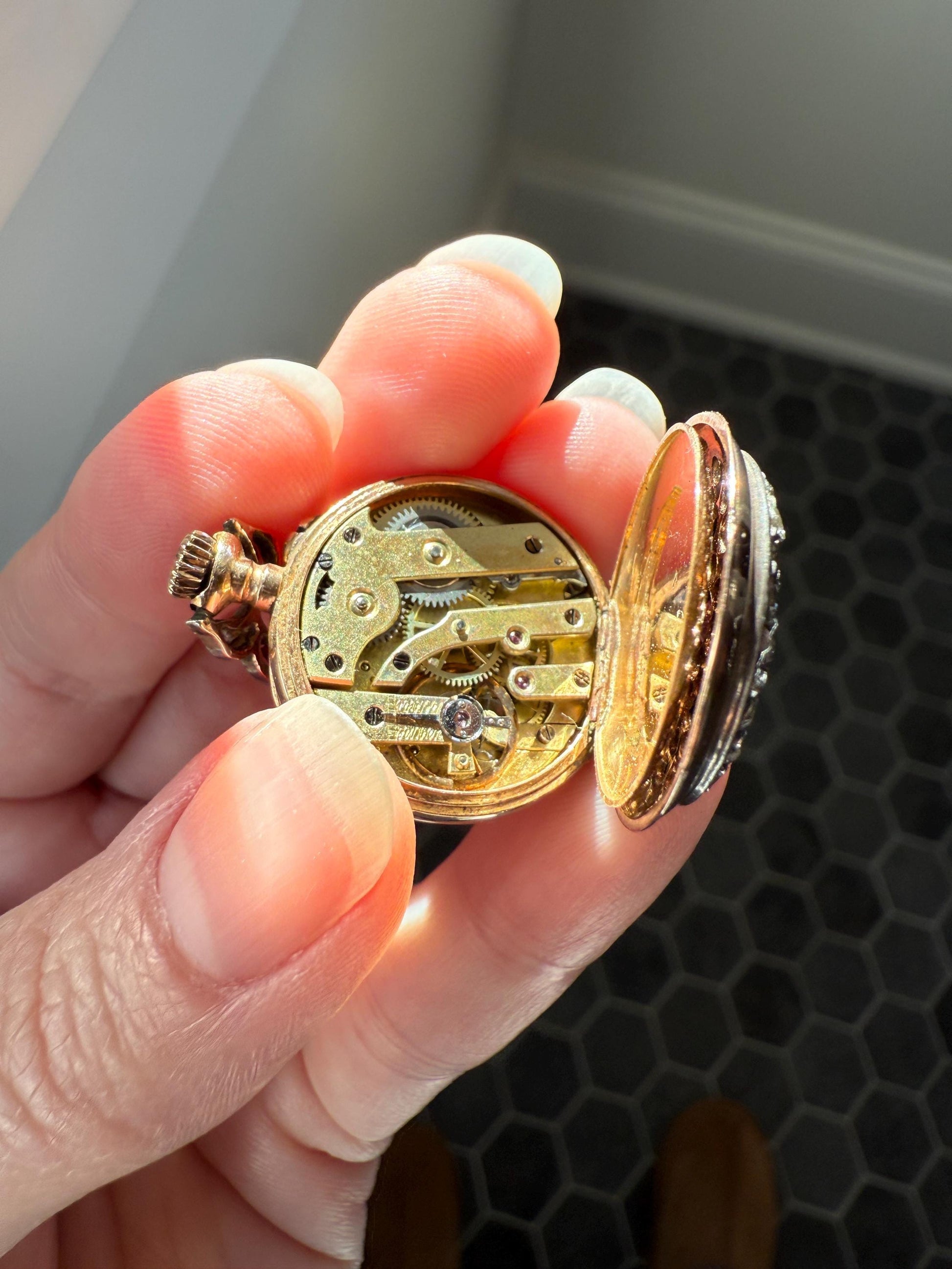 Antique Natural RUBY and Rose Cut Diamond Encrusted French VICTORIAN 18k Gold Silver Pocket Watch Case Pendant Locket Bullseye Target