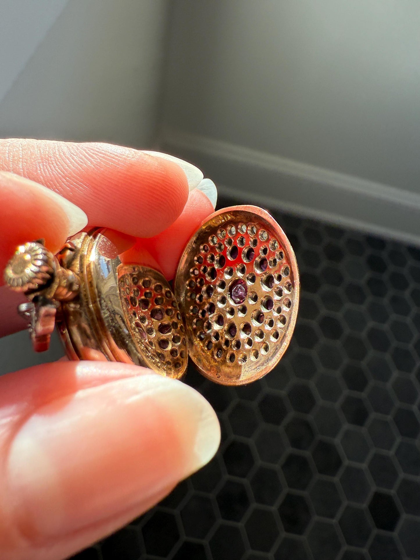 Antique Natural RUBY and Rose Cut Diamond Encrusted French VICTORIAN 18k Gold Silver Pocket Watch Case Pendant Locket Bullseye Target