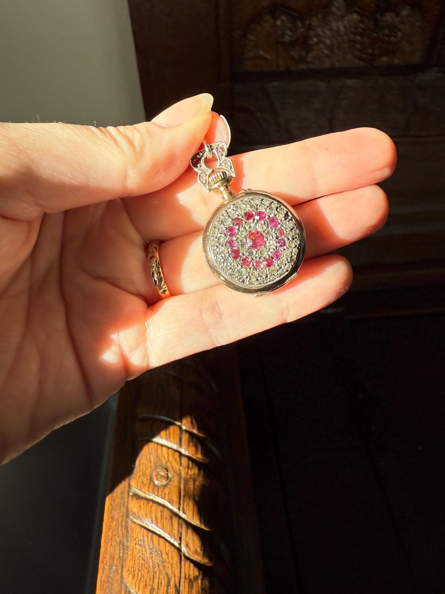 Antique Natural RUBY and Rose Cut Diamond Encrusted French VICTORIAN 18k Gold Silver Pocket Watch Case Pendant Locket Bullseye Target