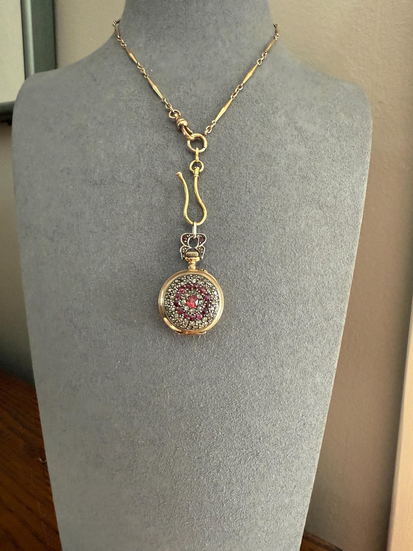 Antique Natural RUBY and Rose Cut Diamond Encrusted French VICTORIAN 18k Gold Silver Pocket Watch Case Pendant Locket Bullseye Target