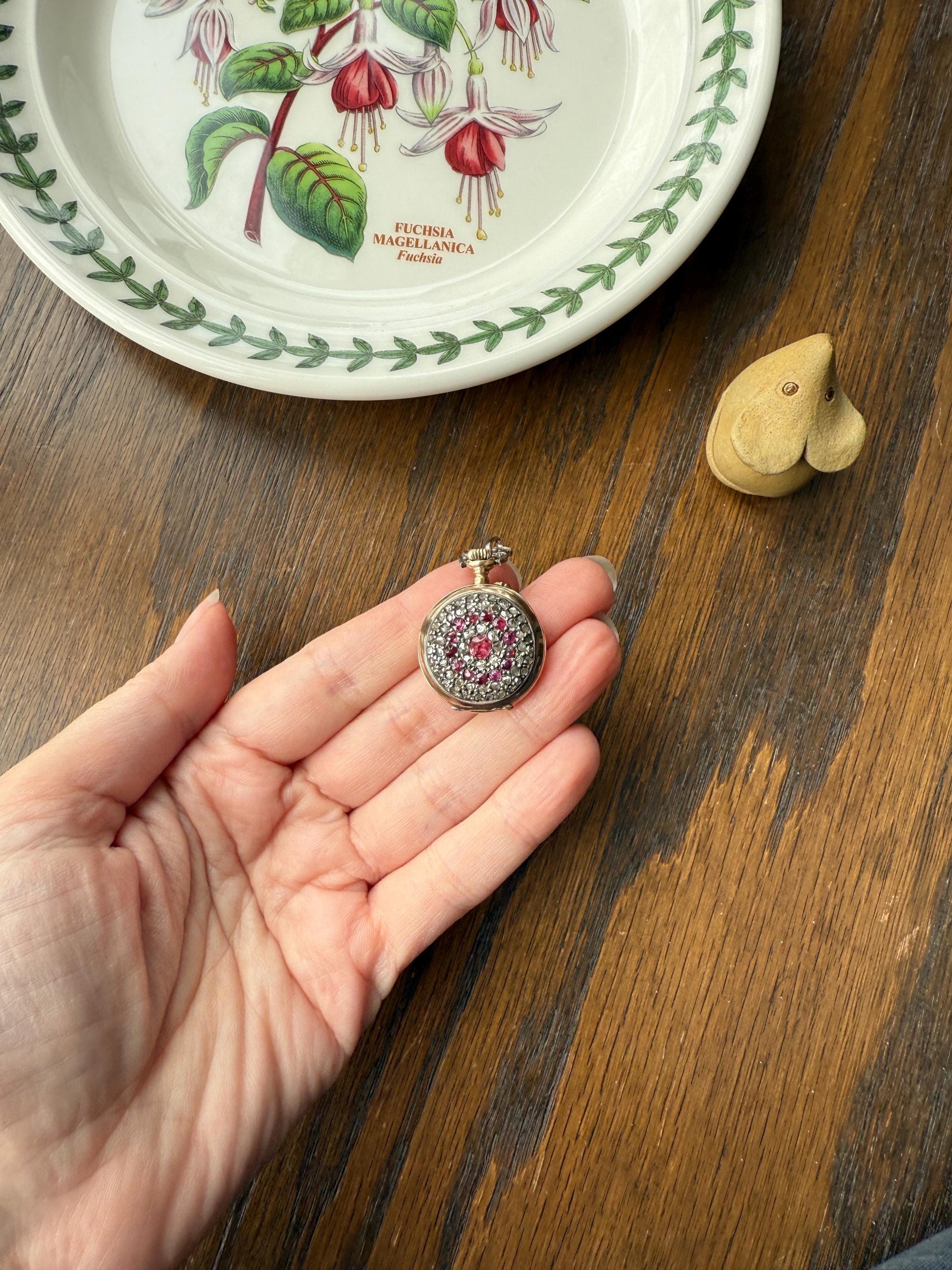 Antique Natural RUBY and Rose Cut Diamond Encrusted French VICTORIAN 18k Gold Silver Pocket Watch Case Pendant Locket Bullseye Target