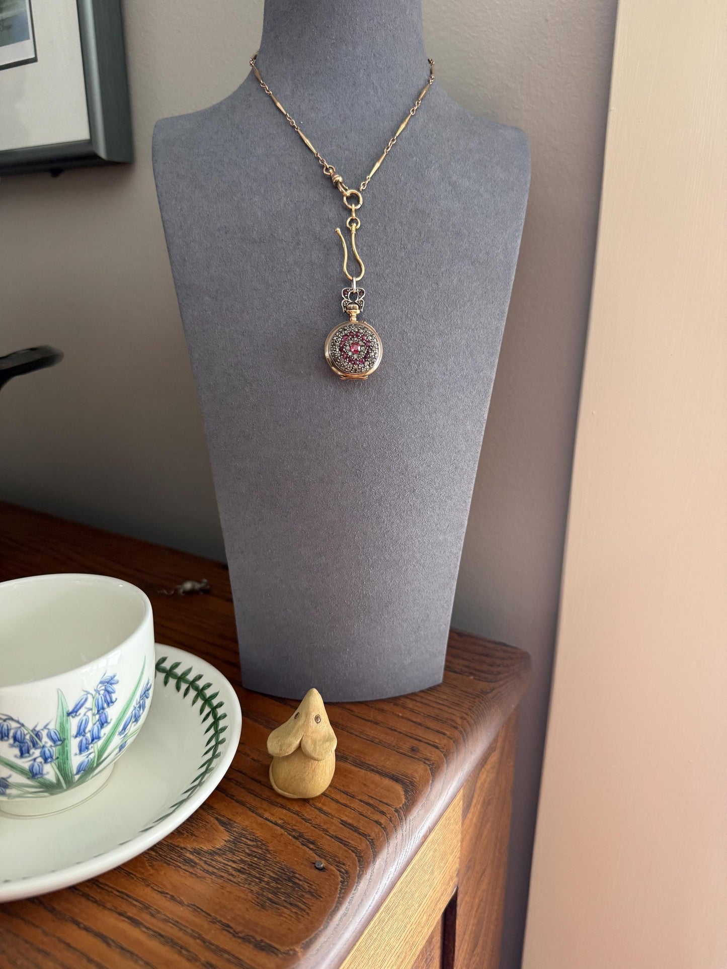 Antique Natural RUBY and Rose Cut Diamond Encrusted French VICTORIAN 18k Gold Silver Pocket Watch Case Pendant Locket Bullseye Target