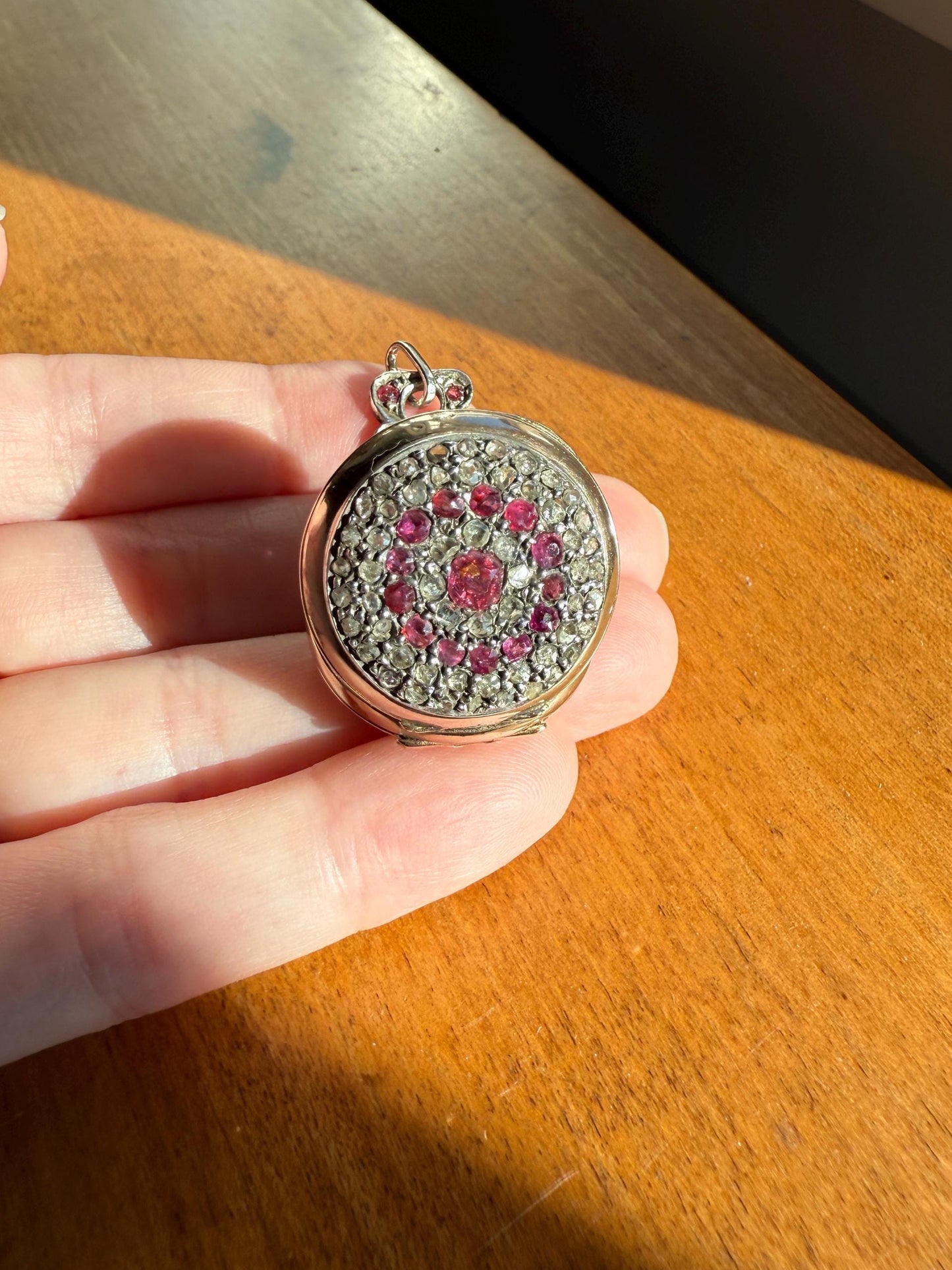 Antique Natural RUBY and Rose Cut Diamond Encrusted French VICTORIAN 18k Gold Silver Pocket Watch Case Pendant Locket Bullseye Target