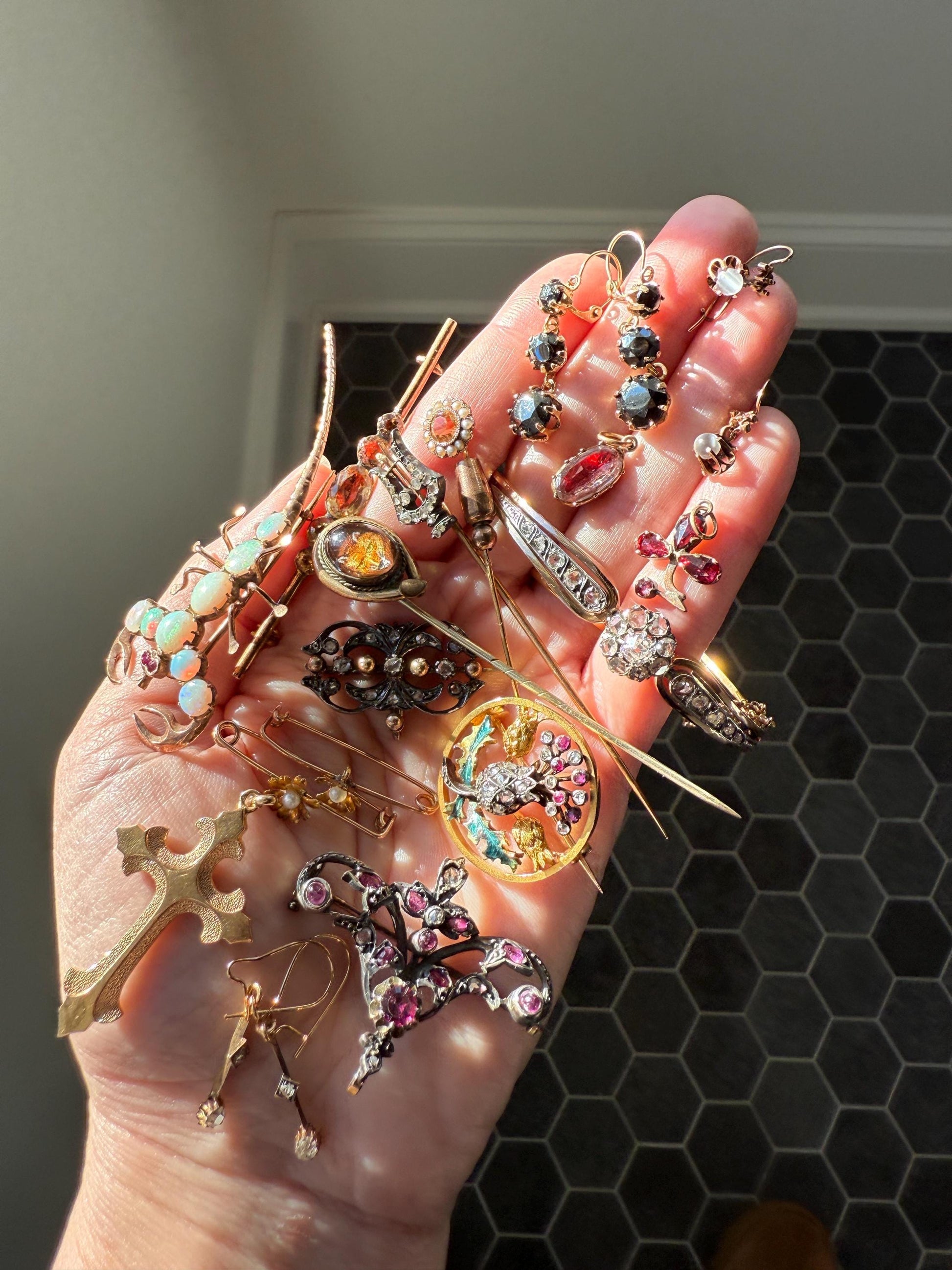 Ornate Antique Scrolled Rivet Rose Cut Diamond Brooch Pendant Holder Hook Extender Connector Solid Silver 18k Gold French Victorian