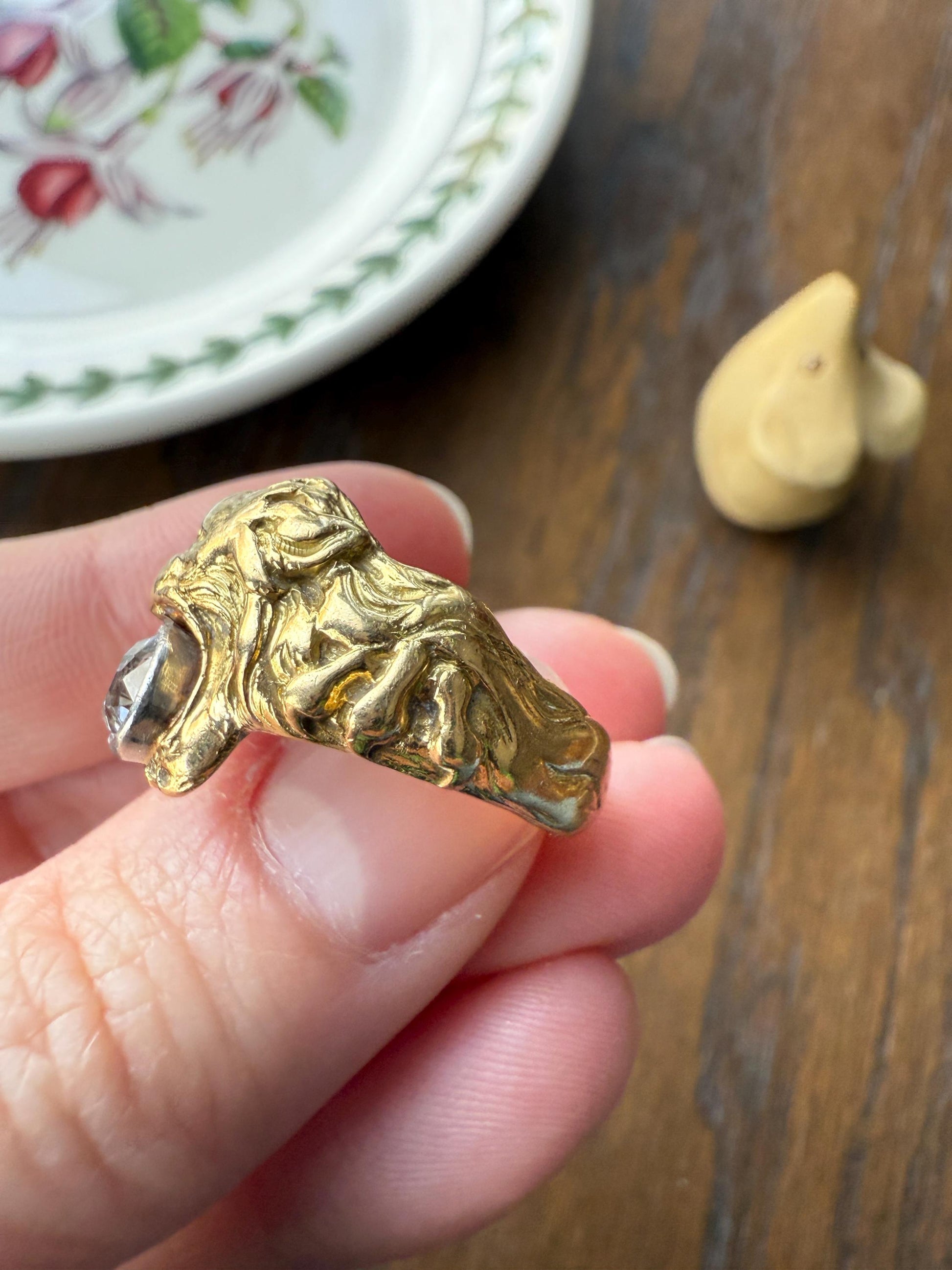 LION Antique HEAVY French 13.6g 18k GOLD Solid Ring One Carat Old Mine Cut Diamond Wide Band 3D Gift Figural Animal Jewelry Man Unisex OmC