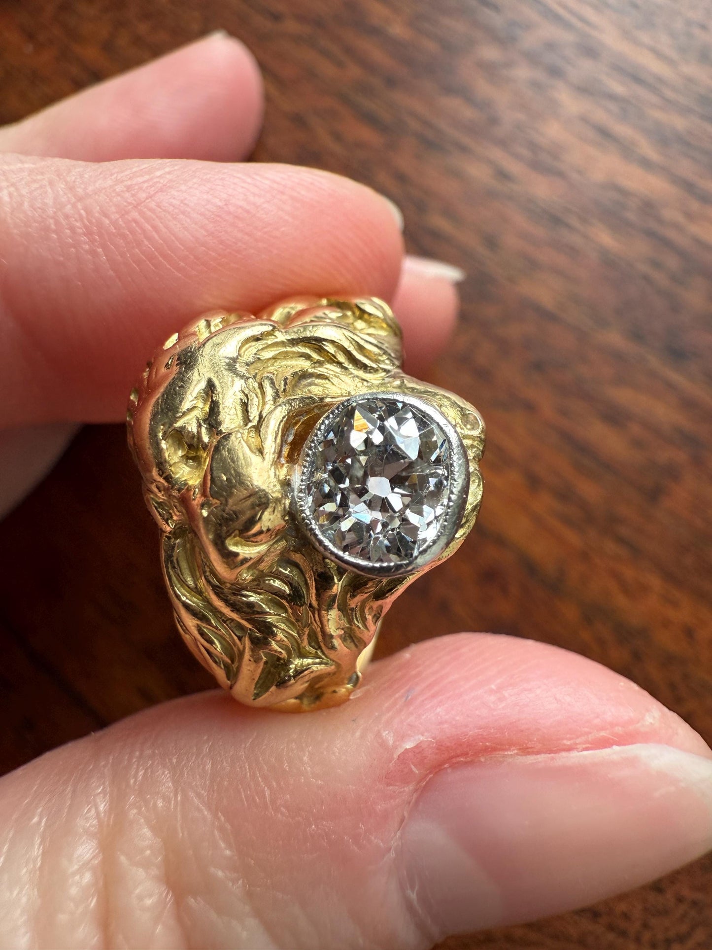 LION Antique HEAVY French 13.6g 18k GOLD Solid Ring One Carat Old Mine Cut Diamond Wide Band 3D Gift Figural Animal Jewelry Man Unisex OmC