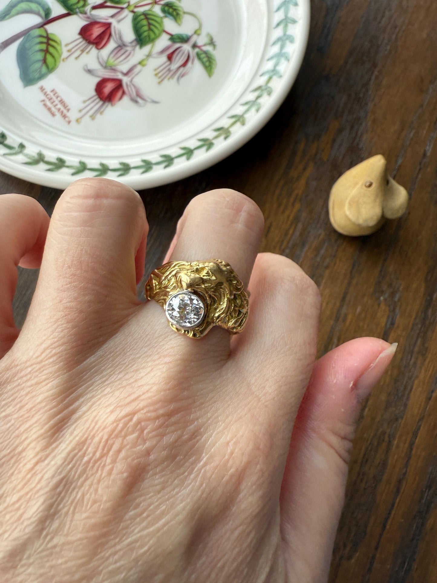 LION Antique HEAVY French 13.6g 18k GOLD Solid Ring One Carat Old Mine Cut Diamond Wide Band 3D Gift Figural Animal Jewelry Man Unisex OmC