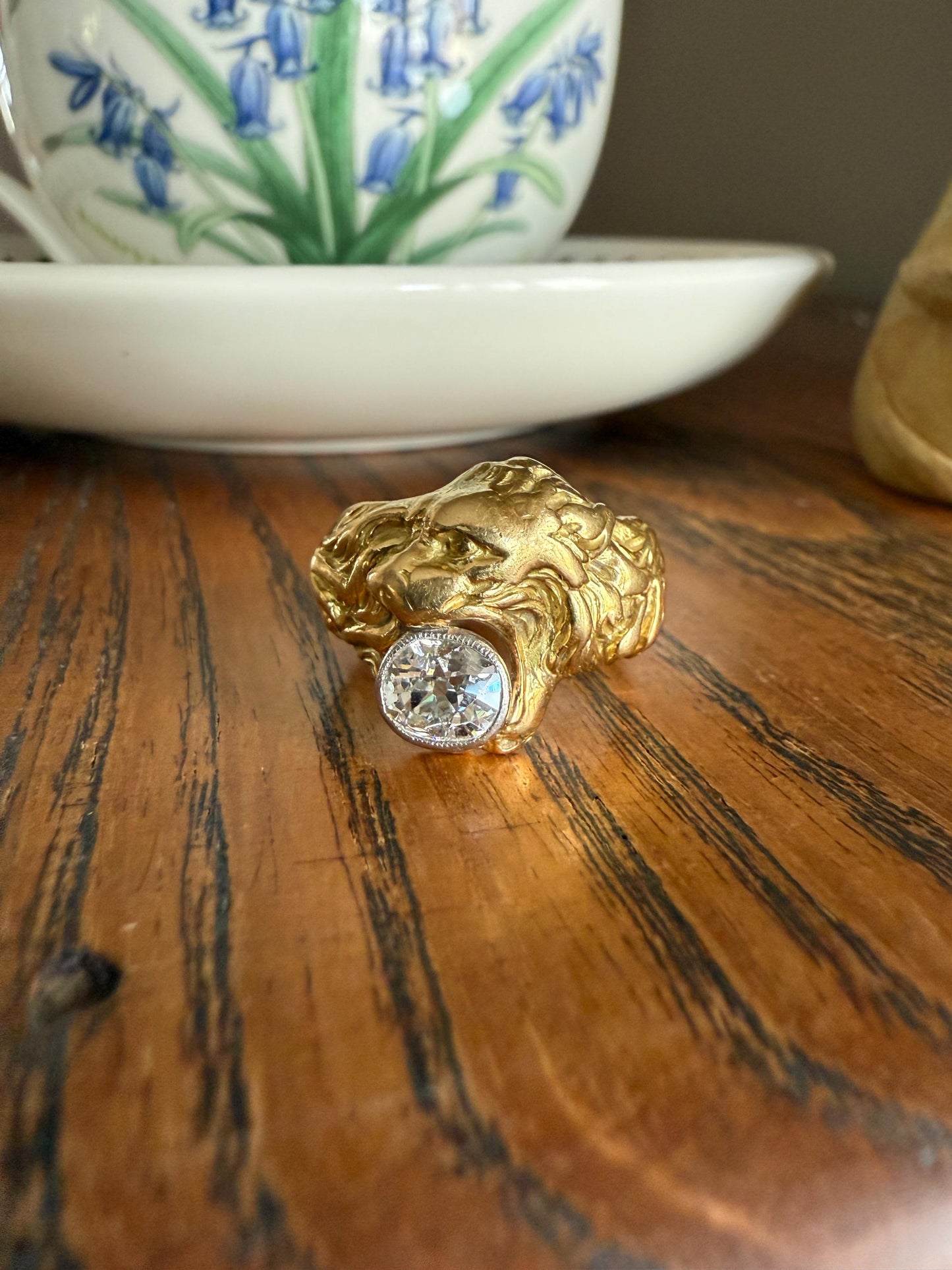 LION Antique HEAVY French 13.6g 18k GOLD Solid Ring One Carat Old Mine Cut Diamond Wide Band 3D Gift Figural Animal Jewelry Man Unisex OmC