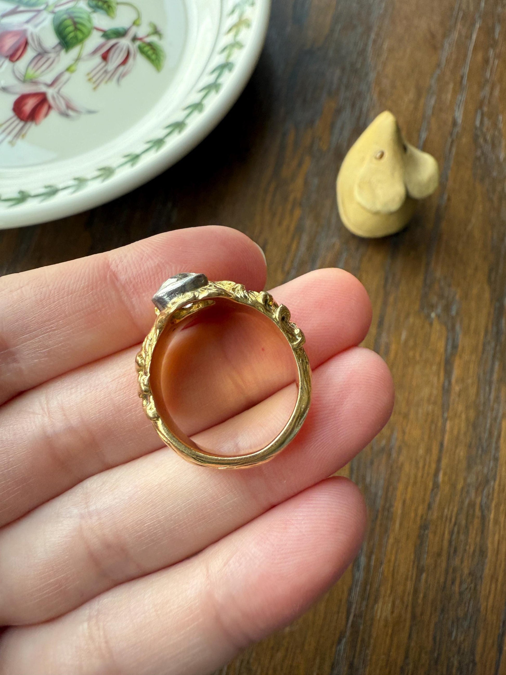 LION Antique HEAVY French 13.6g 18k GOLD Solid Ring One Carat Old Mine Cut Diamond Wide Band 3D Gift Figural Animal Jewelry Man Unisex OmC