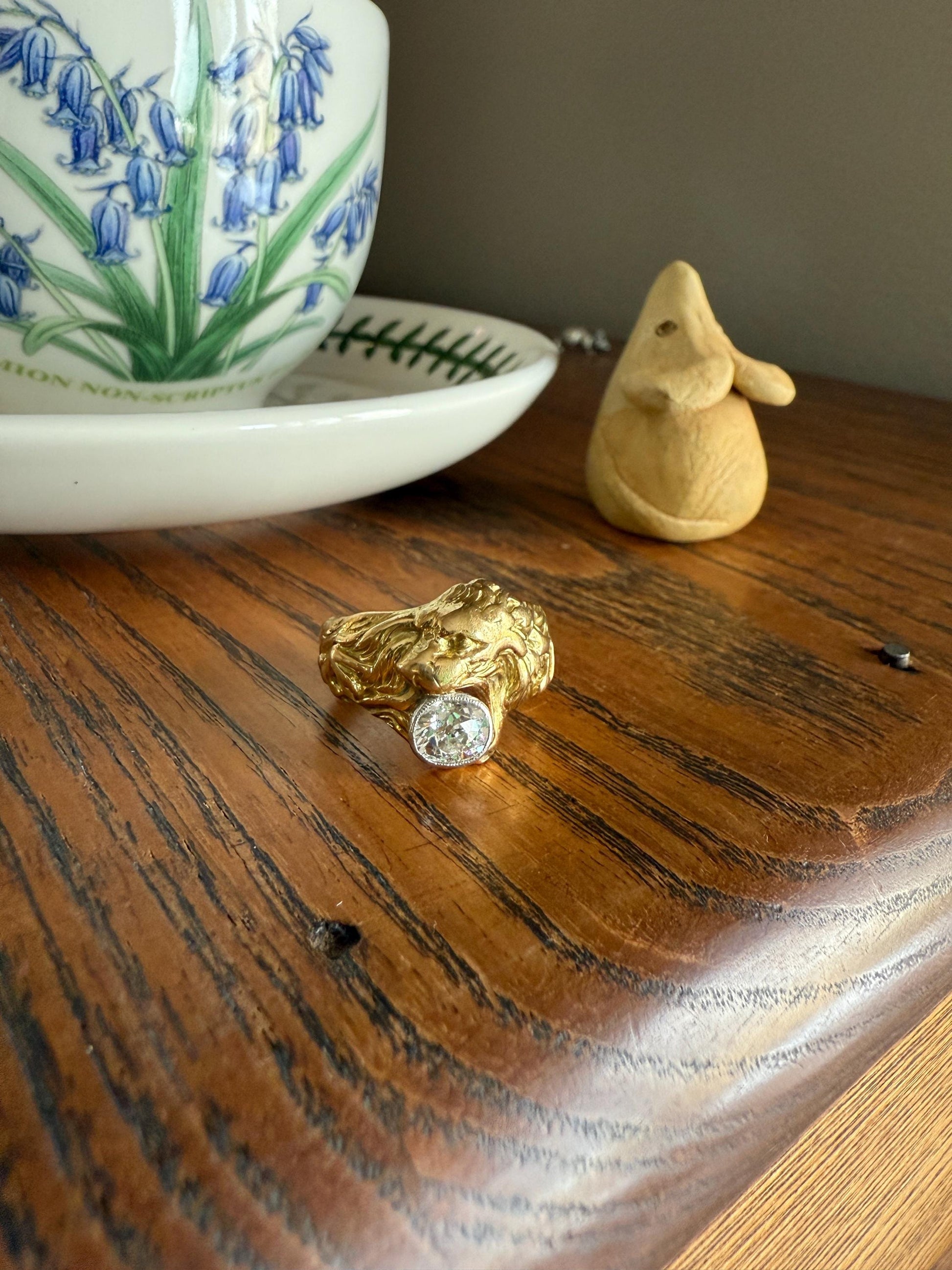 LION Antique HEAVY French 13.6g 18k GOLD Solid Ring One Carat Old Mine Cut Diamond Wide Band 3D Gift Figural Animal Jewelry Man Unisex OmC