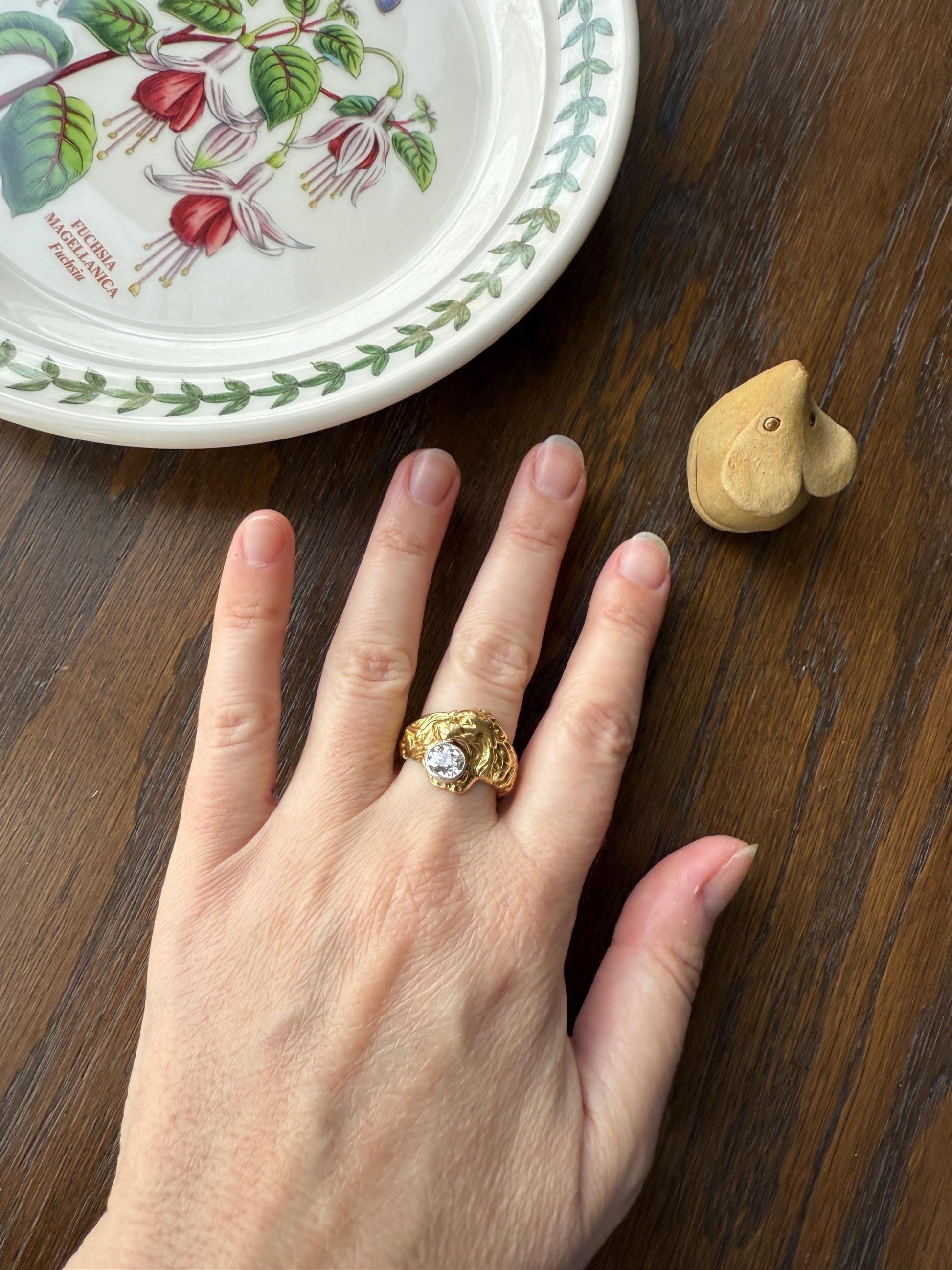 LION Antique HEAVY French 13.6g 18k GOLD Solid Ring One Carat Old Mine Cut Diamond Wide Band 3D Gift Figural Animal Jewelry Man Unisex OmC