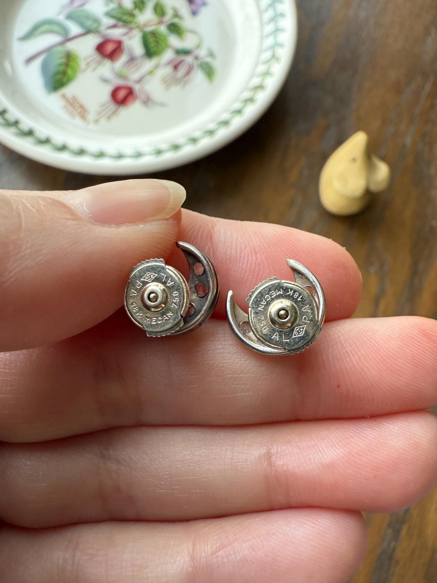 Crescent MOON French Vintage to Art Deco Rose Cut Diamond Figural Stud Earrings 18k White Gold Unique Celestial Gift Earstack