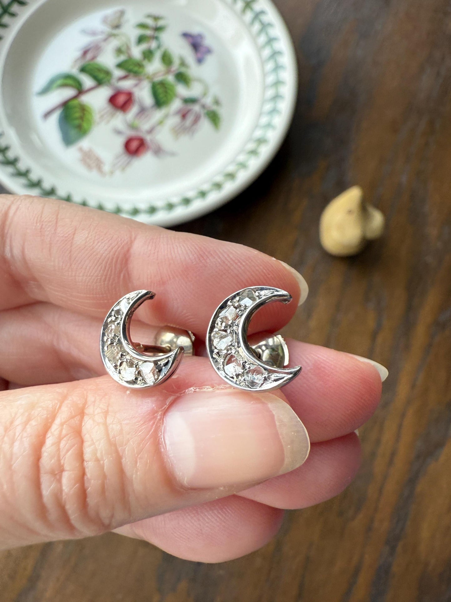 Crescent MOON French Vintage to Art Deco Rose Cut Diamond Figural Stud Earrings 18k White Gold Unique Celestial Gift Earstack