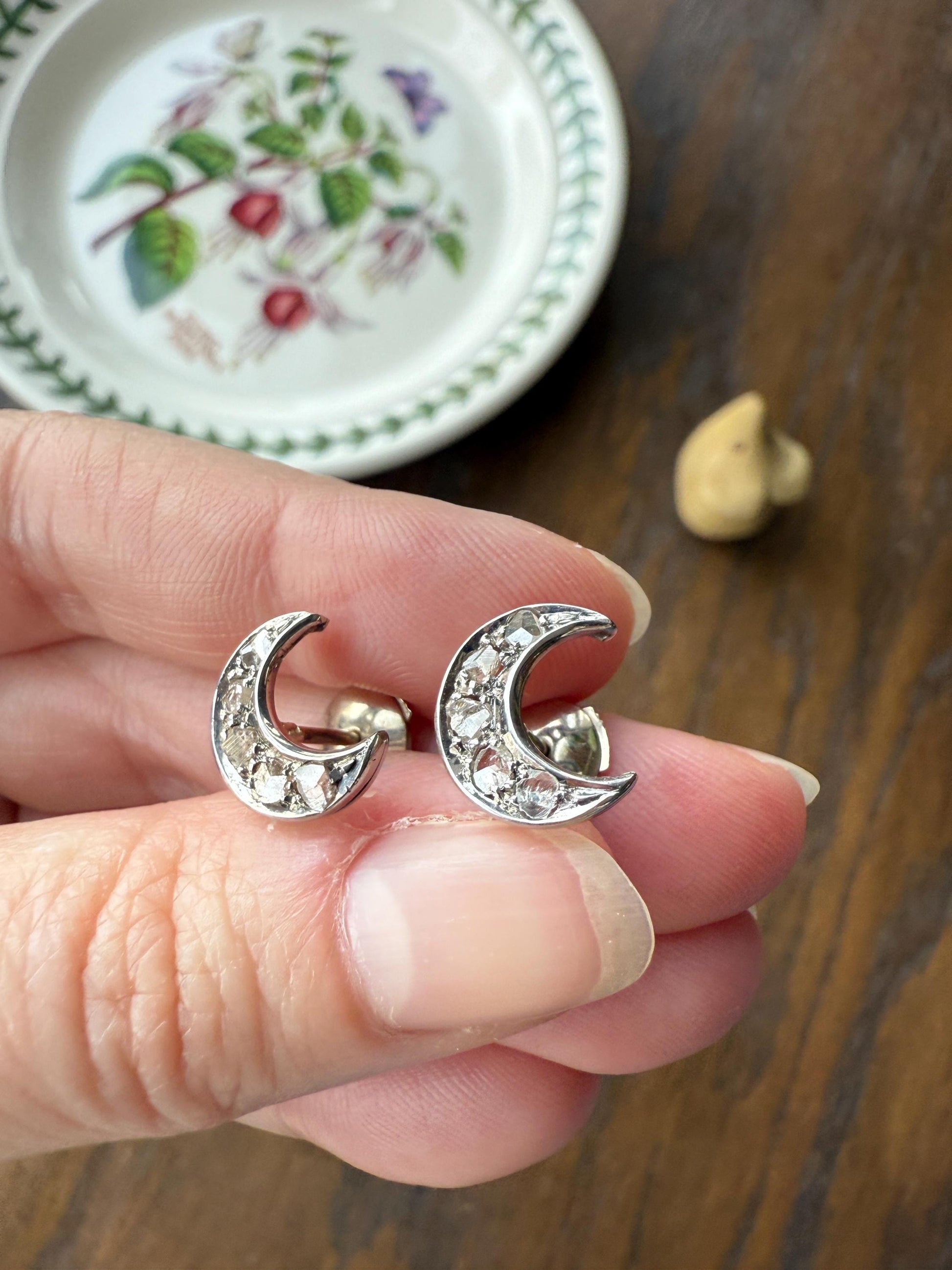Crescent MOON French Vintage to Art Deco Rose Cut Diamond Figural Stud Earrings 18k White Gold Unique Celestial Gift Earstack
