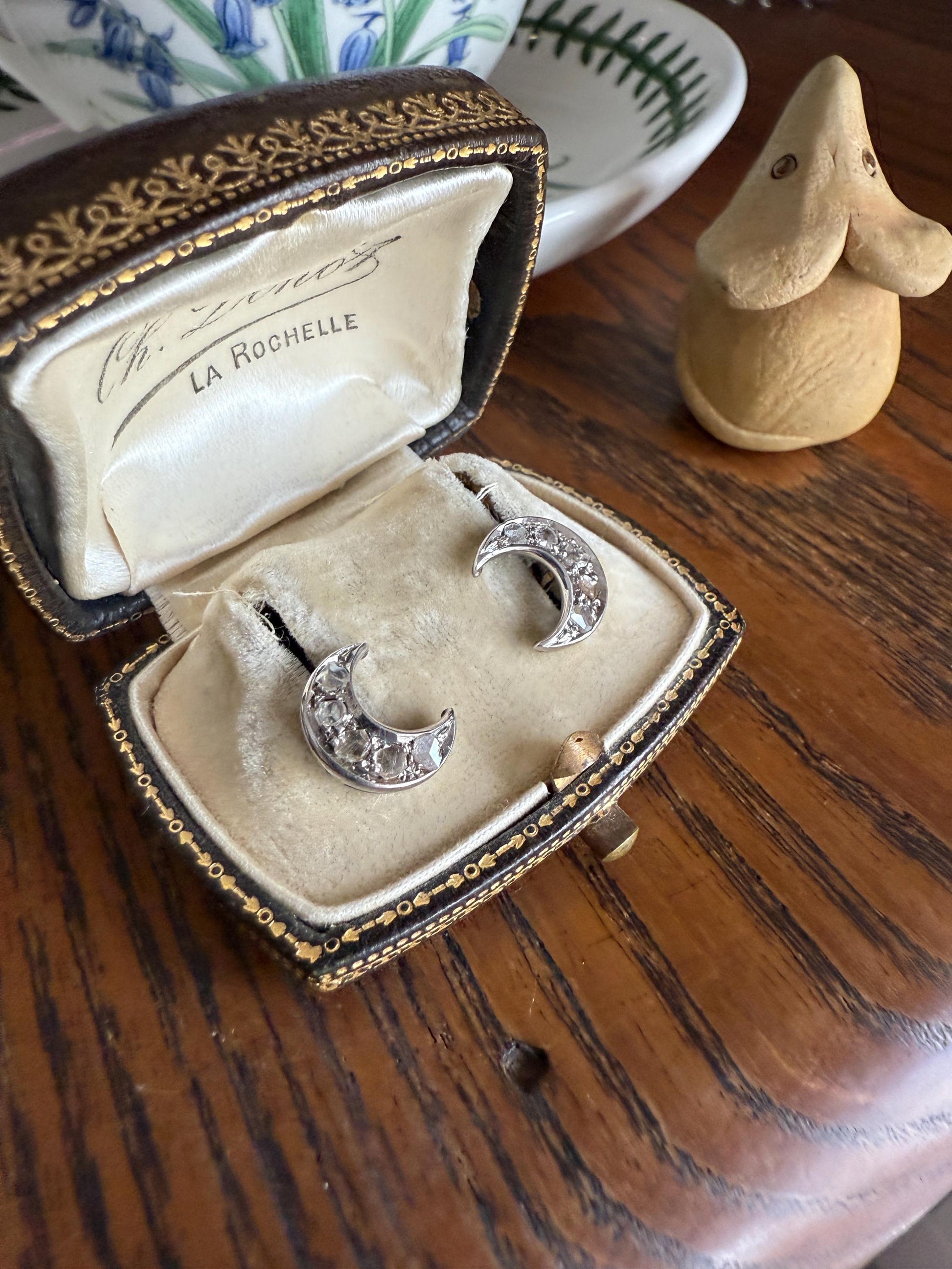Crescent MOON French Vintage to Art Deco Rose Cut Diamond Figural Stud Earrings 18k White Gold Unique Celestial Gift Earstack