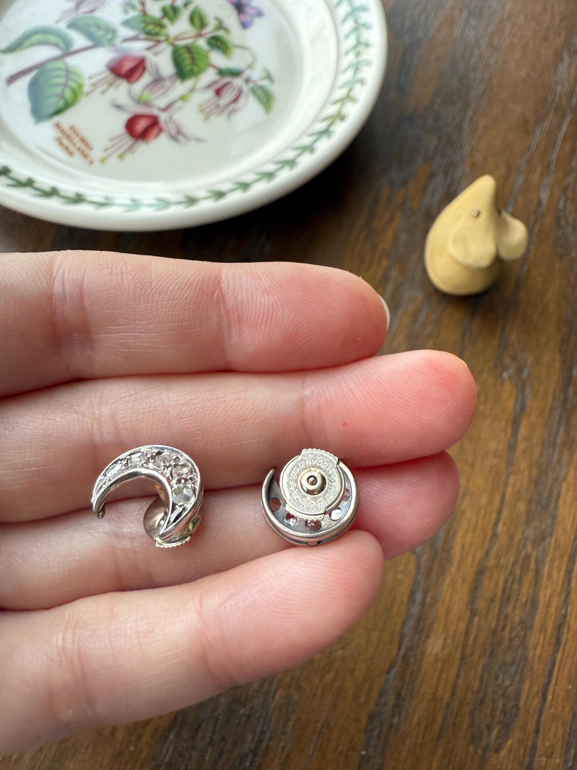 Crescent MOON French Vintage to Art Deco Rose Cut Diamond Figural Stud Earrings 18k White Gold Unique Celestial Gift Earstack