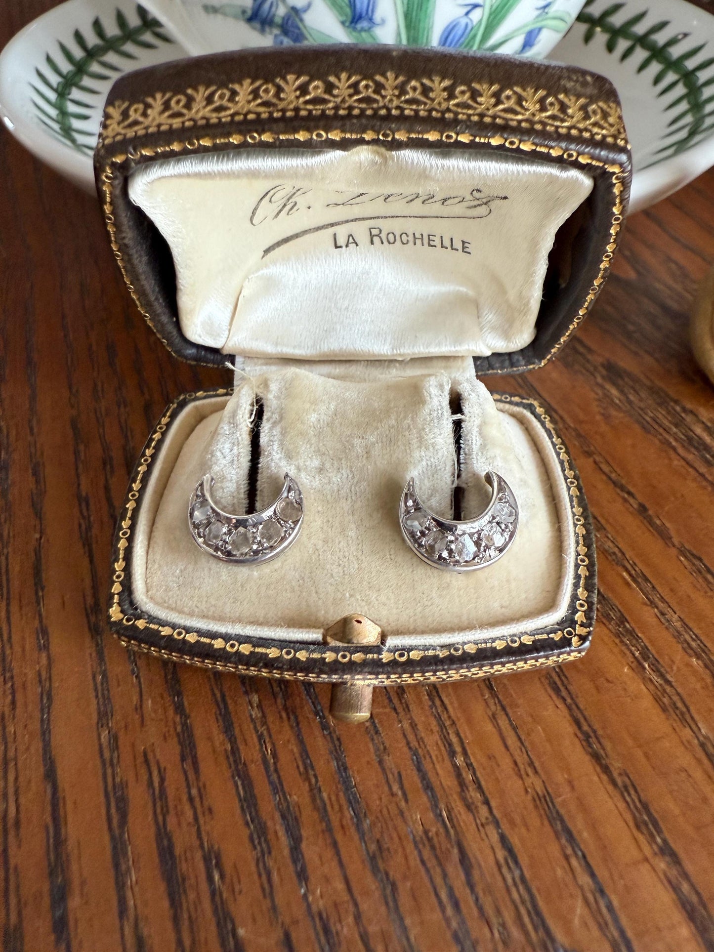 Crescent MOON French Vintage to Art Deco Rose Cut Diamond Figural Stud Earrings 18k White Gold Unique Celestial Gift Earstack